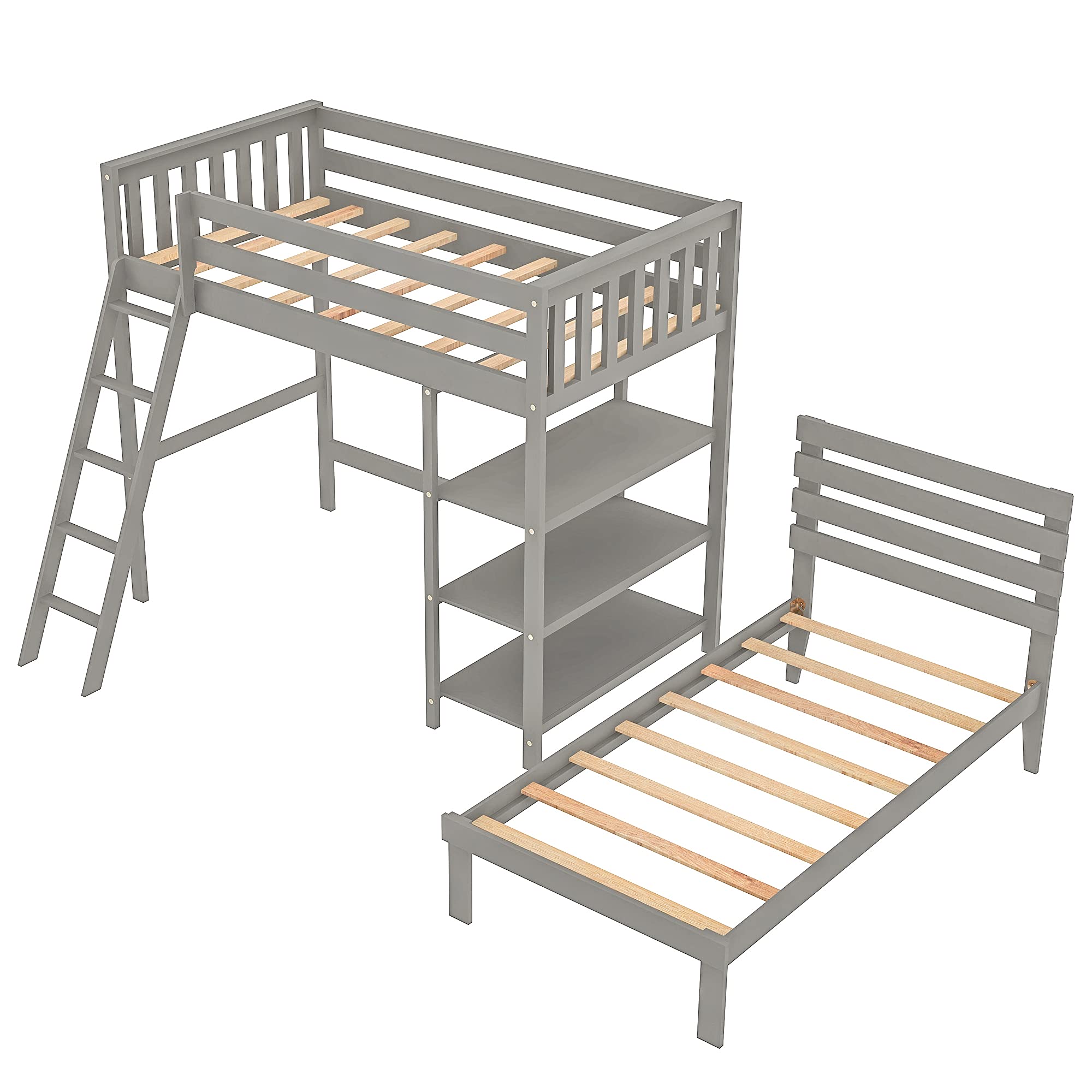 Solid Wood Twin Size Loft Bed Frame with Twin Platform Bed, 3 Storage Shelves & Safety Guardrail - Space Saving Kids & Teens Bedroom Furniture for Small Rooms (Gray) - Perfect for Dorms, Apartments & Shared Kids' Rooms