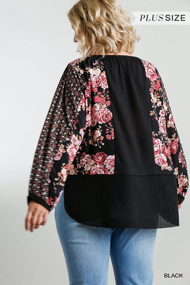 Umgee USA Women's Mixed Print Long Puff Sleeve Waffle Knit Top - Stylish Casual Blouse for Fall & Winter | Perfect for Office, Date Night & Weekend Outfits
