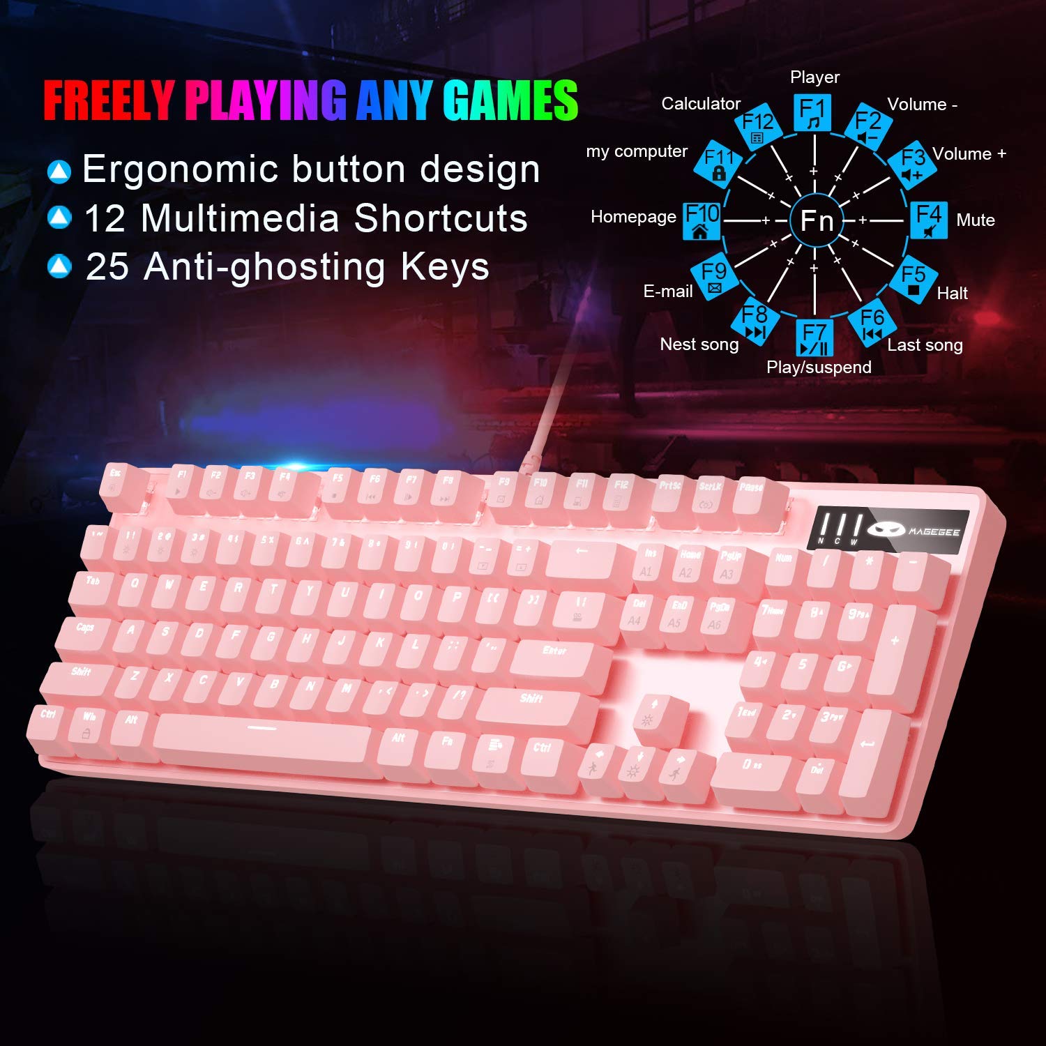 MageGee Pink Mechanical Gaming Keyboard - USB Wired RGB Backlit Keyboard with Splash-Proof Design for PC, Laptop, Mac - Perfect for Gaming, Office Work & Typing (Pink)