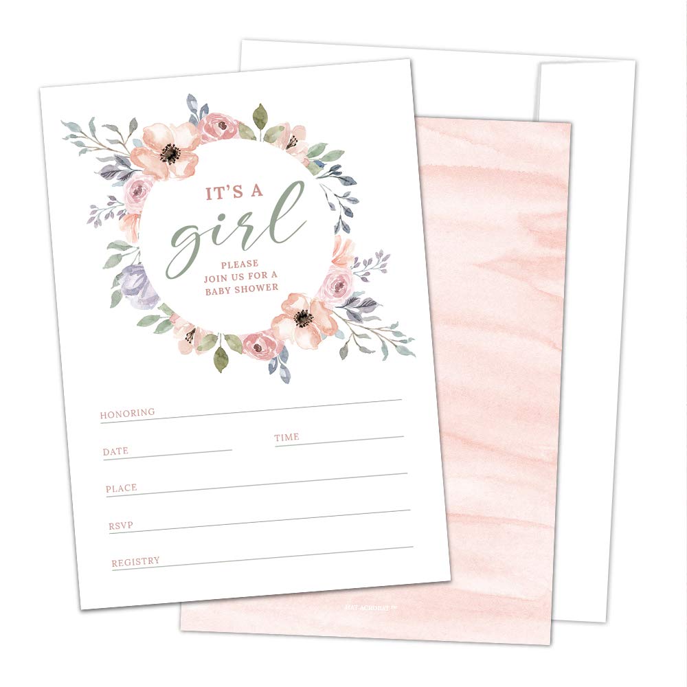50 Floral Boho Baby Shower Invitations for Girls - Double-Sided Blush Pink Invite Cards with Envelopes - Perfect for Baby Girl Shower Party Decorations & Celebrations