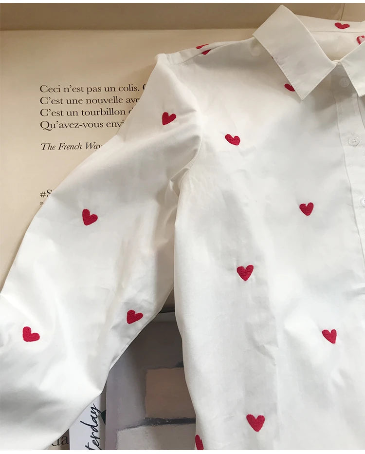 Women's Heart Embroidery Denim Shirt - Turn Down Collar Long Sleeve Blouse for Valentine's Day Gifts | Casual Wear, Date Night Outfit, Romantic Occasion Fashion