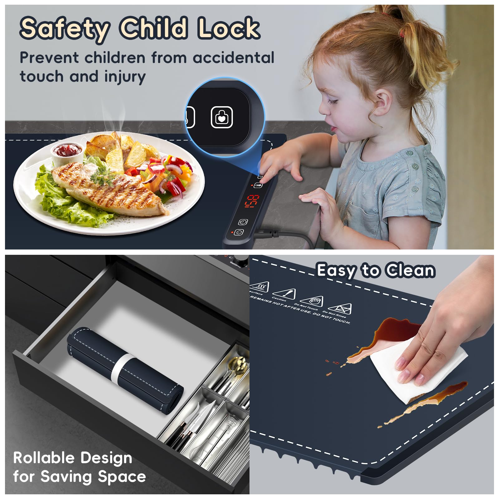 6-Temperature Adjustable Silicone Electric Food Warming Mat with Timer & Safety Lock - Full Surface Heating Buffet Warmer with Auto Shut-Off for Parties, Catering & Home Entertaining