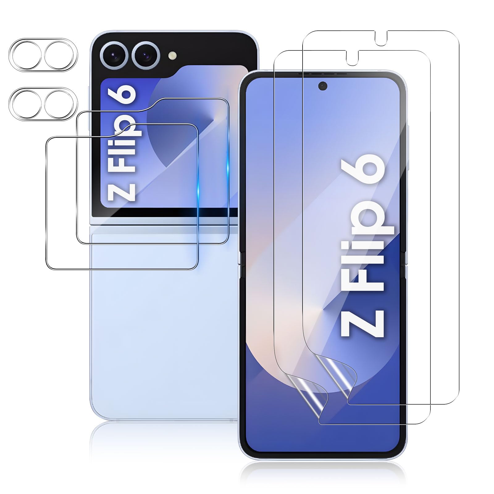 Samsung Galaxy Z Flip 6 Screen Protector [2+2+2 Pack] - Front & Back Tempered Glass + Camera Lens Protector with Installation Tool | 9H HD Scratch-Resistant TPU Film | Perfect for Daily Use, Travel & Outdoor Protection