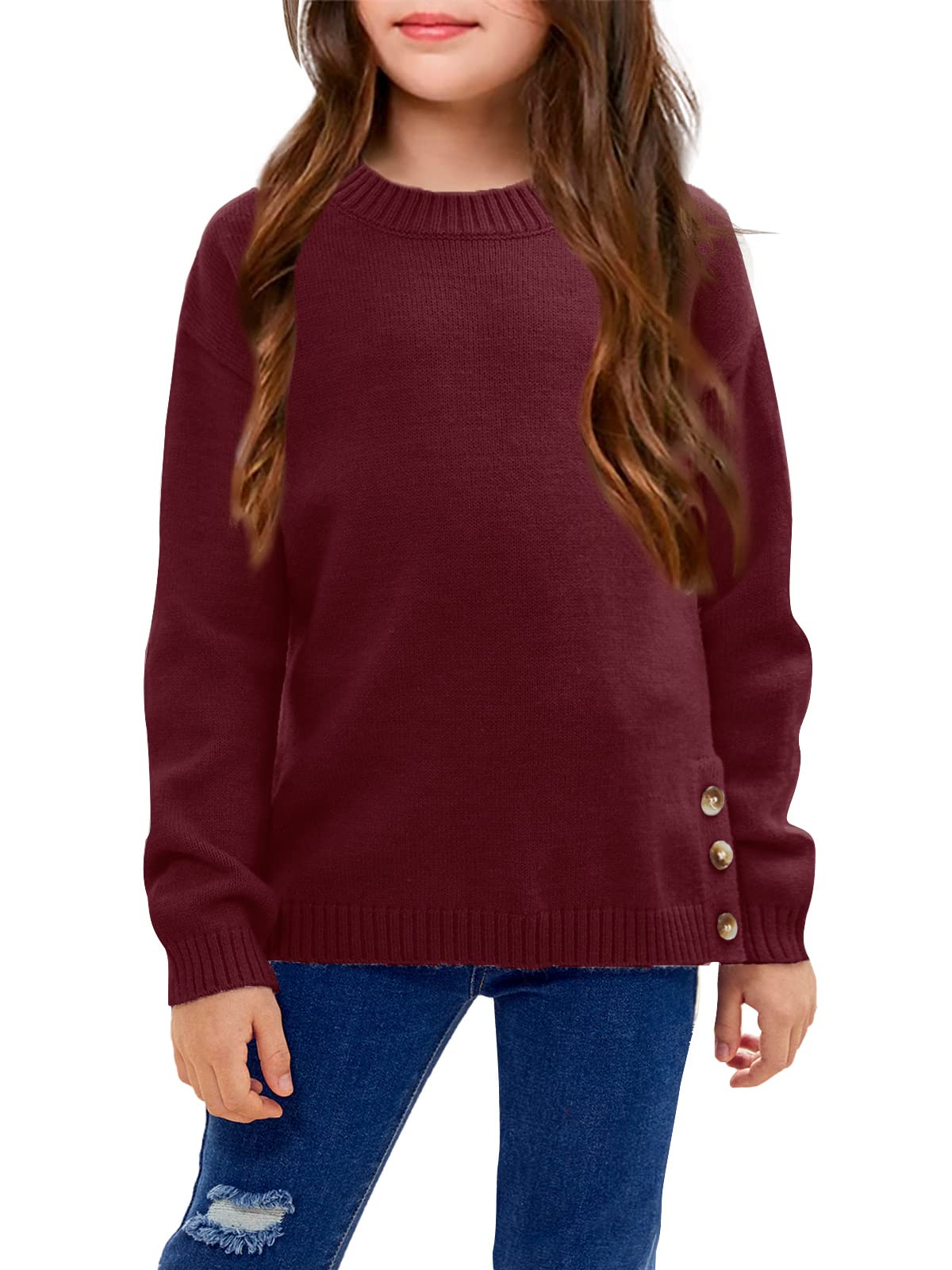 GAMISOTE Girls Crew Neck Knit Sweater Long Sleeve Side Button Pullover Jumper - Cozy Winter Wear for School, Playdates & Family Outings