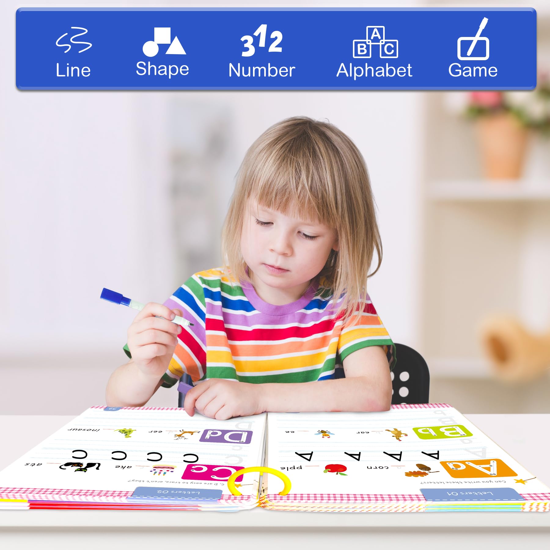 HOQEEWIPE Preschool Learning Activities Workbook - Reusable 60-Page Tracing Book for Kids Ages 3-5 | Alphabet, Numbers & Fine Motor Skills Practice | Educational Learning Toys for Toddlers 2-4 Years Old | Perfect for Homeschooling & Classroom Activities