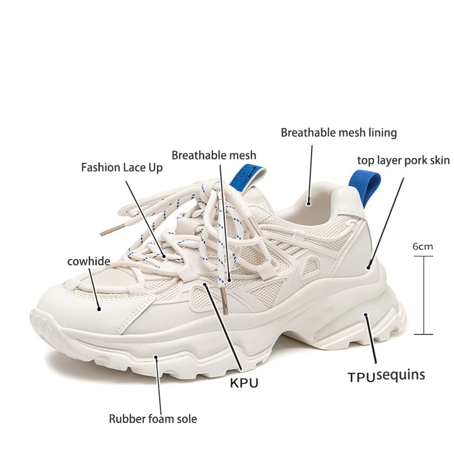 Women's Chunky Sport Sneakers - Thick-Soled Breathable Mesh Running Shoes for Gym & Workouts - Comfortable Soft Sole Hip Hop Dad Shoes (White, Size 8.5) - Perfect for Jogging, Streetwear Fashion & Casual Wear