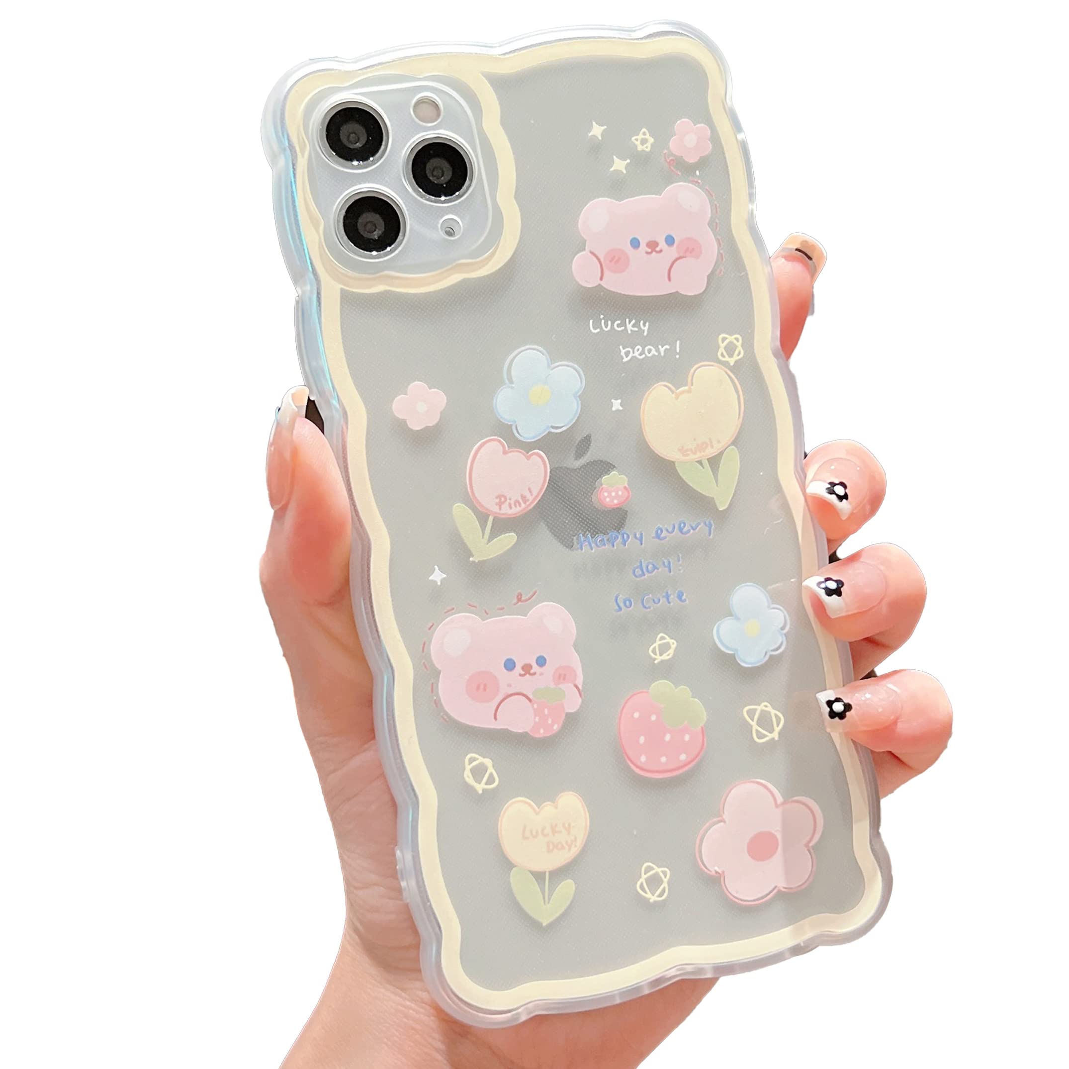 Cute Cartoon Floral Strawberry Bear iPhone 11 Pro Max Case - Aesthetic Kawaii Slim Soft TPU Transparent Cover for Women & Girls (6.5 inch, Yellow) | Perfect for Daily Use, School & Gift Giving