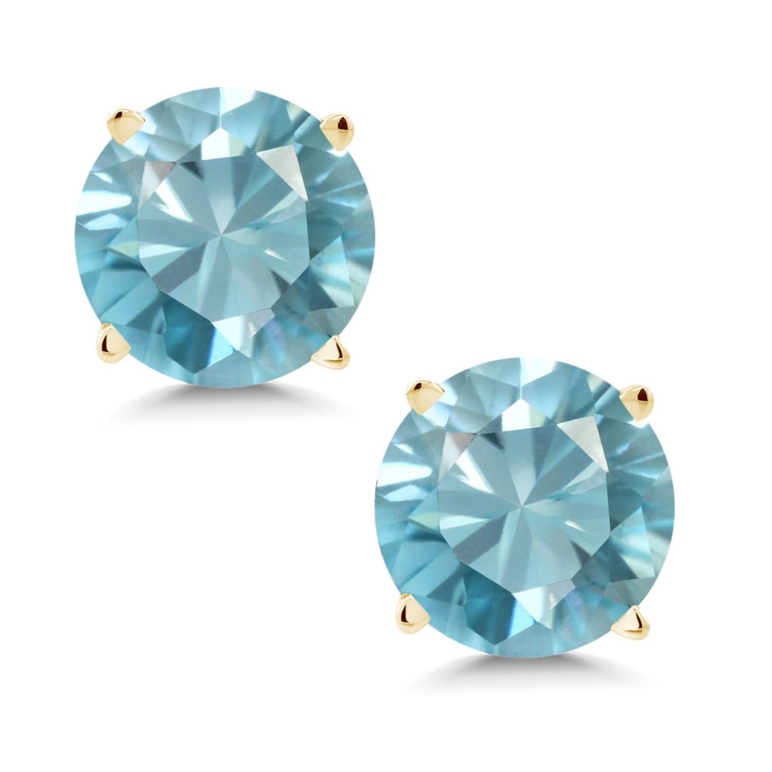 14K Yellow Gold Blue Zircon Stud Earrings for Women & Men - 2.40 Cttw, 6MM Round Cut - Perfect for Weddings, Anniversaries & Gift Giving