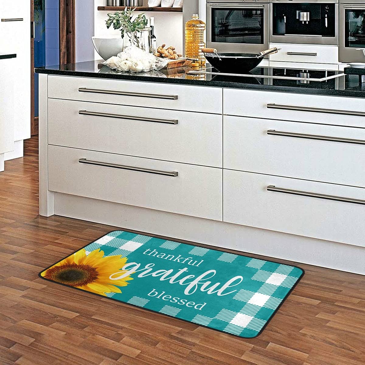 Buffalo Check Turquoise Plaid Washable Kitchen Rug - Non-Slip Anti-Fatigue Floor Mat for Sunflower Themed Kitchens | Perfect for Farmhouse Decor & High-Traffic Areas