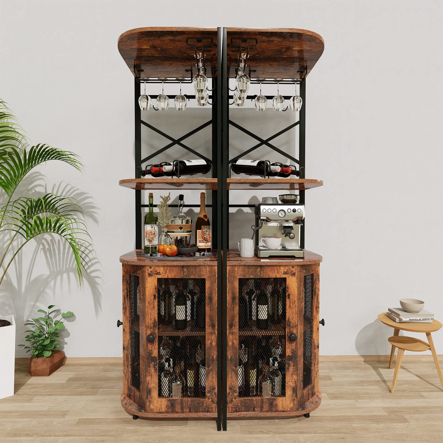 Rustic Brown Corner Bar Cabinet with Wine Rack, Glass Holder & Adjustable Shelves - Mesh Door Liquor Storage Cabinet for Home Bar, Dining Room or Entertainment Area