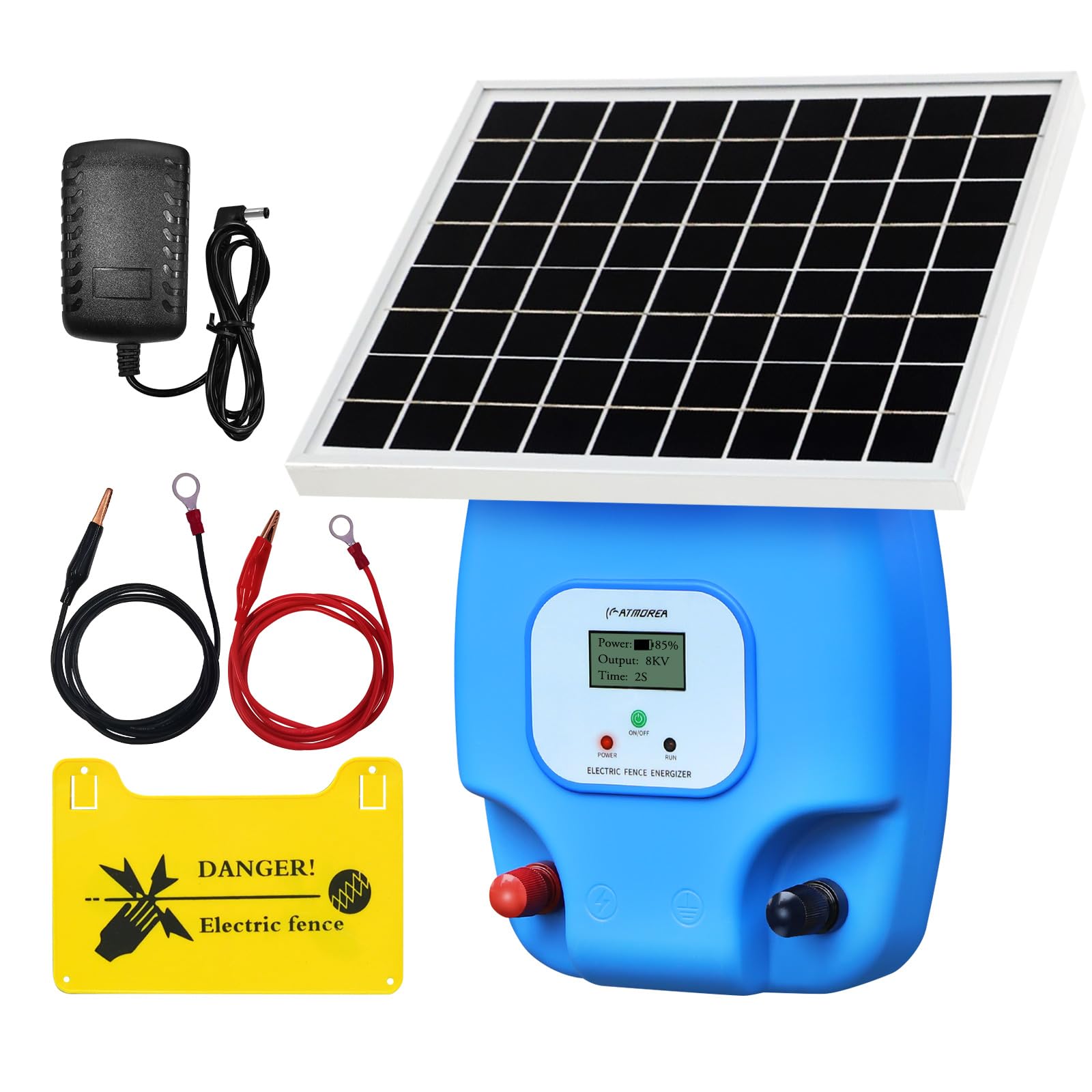 Solar Electric Fence Charger 1.5J with LCD Display - 8000mAh Lithium Battery & 10W Solar Panel - 5 Mile Range for Livestock, Pets, Poultry Protection - Perfect for Farms, Gardens, Orchards and Backyard Security