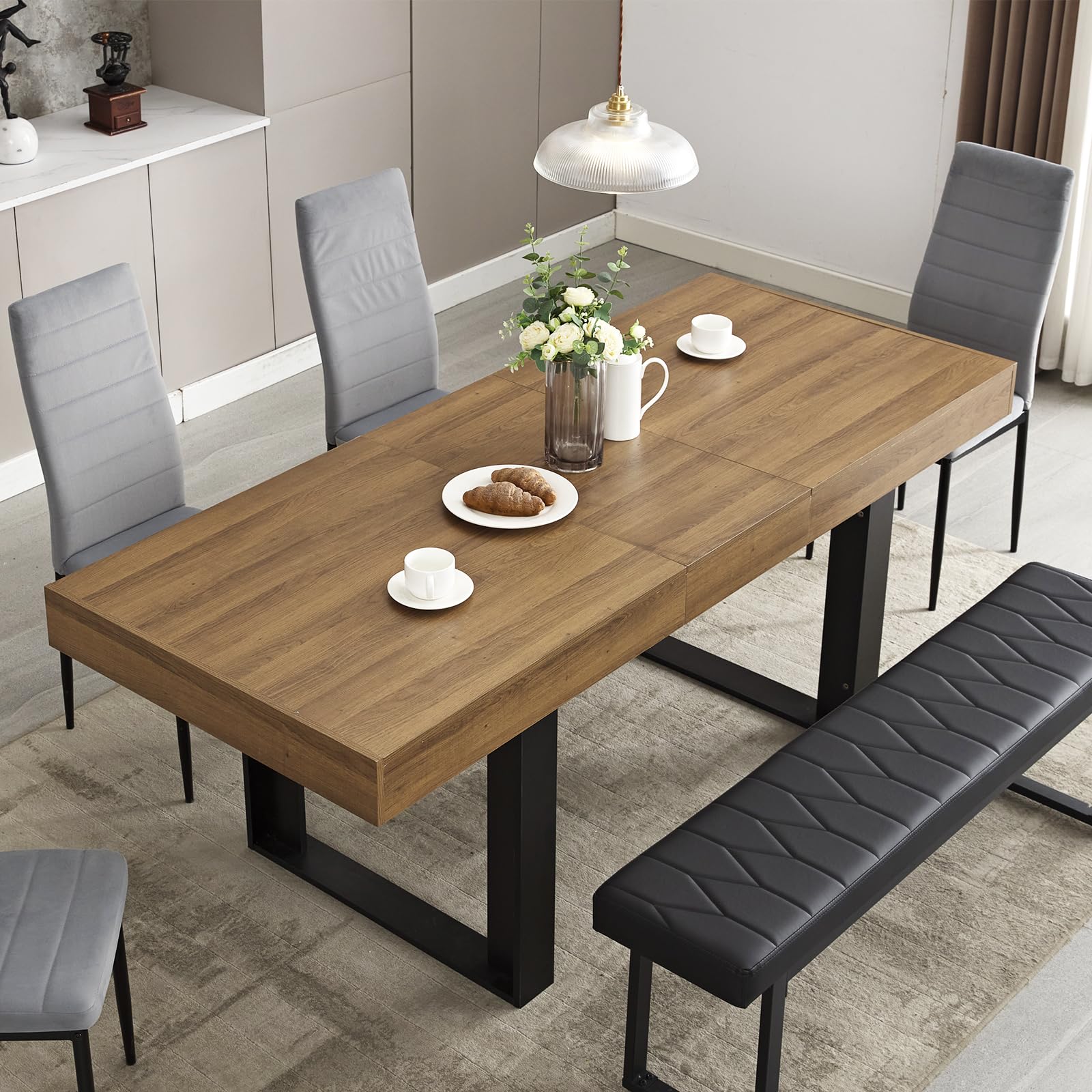 STHOUYN 63”-79” Extendable Dining Table - Solid Wood Modern Farmhouse Kitchen Table, Expandable to Seat 6-10 People, Large Conference & Family Dining Table in Walnut Brown - Perfect for Dinner Parties, Home Offices & Small Business Meetings