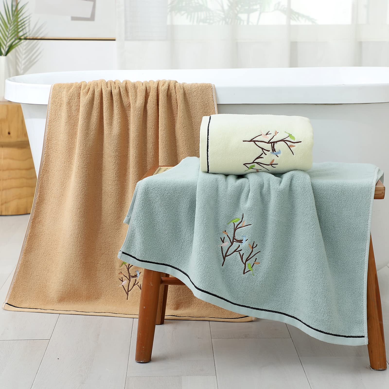 Premium 100% Cotton Embroidered Bird & Tree Bath Towel Set - Ultra Soft & Absorbent 27.6x55 Inch Decorative Bathroom Towels (Light Yellow) for Spa, Guest Bath & Luxury Home Decor