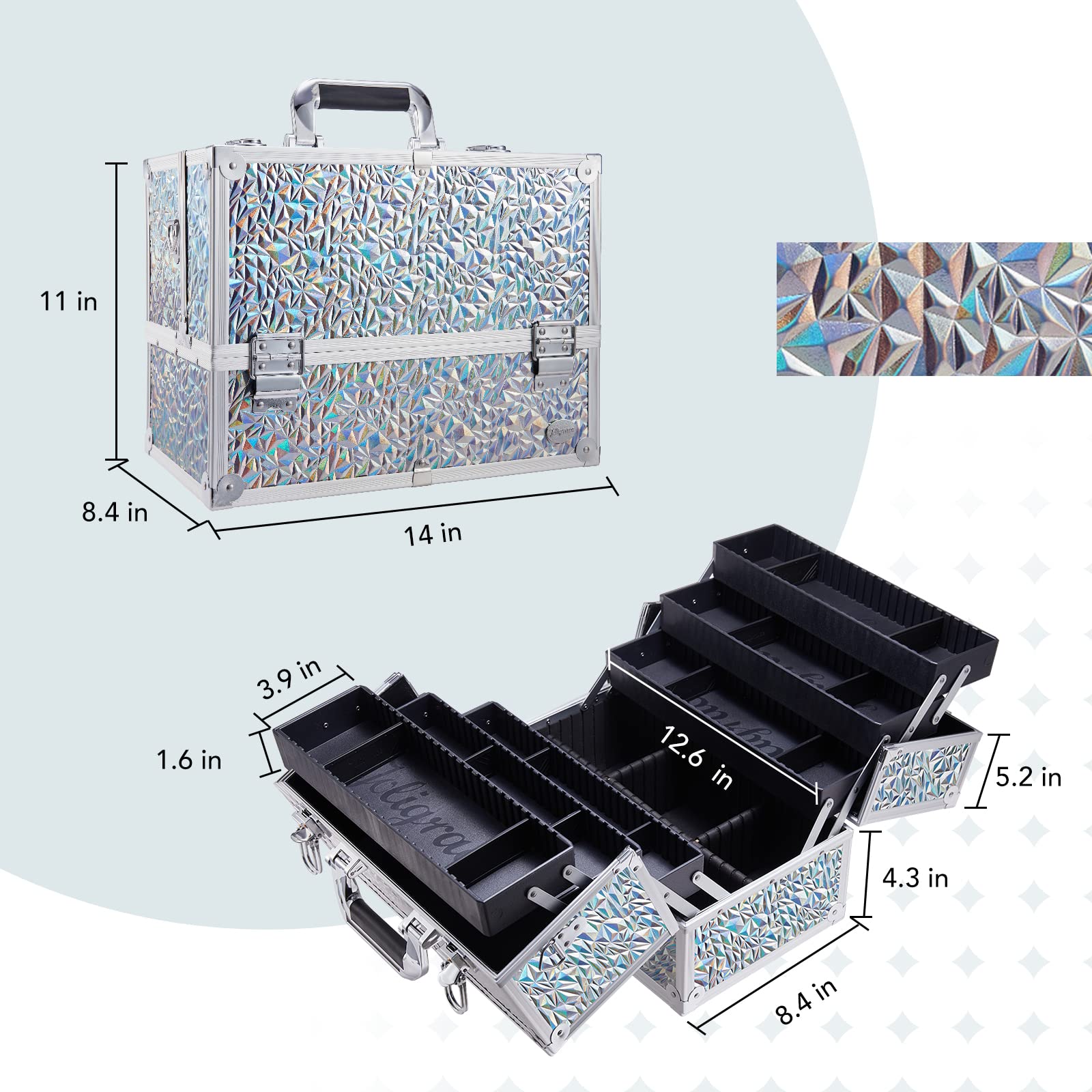 Professional Makeup Train Case with 6 Trays & Lock - Large Cosmetic Organizer Box for Artists & Stylists | Adjustable Dividers, Carrying Strap | Silver Holographic Iridescent Style | Perfect for Salon, Travel & On-Site Makeup Services