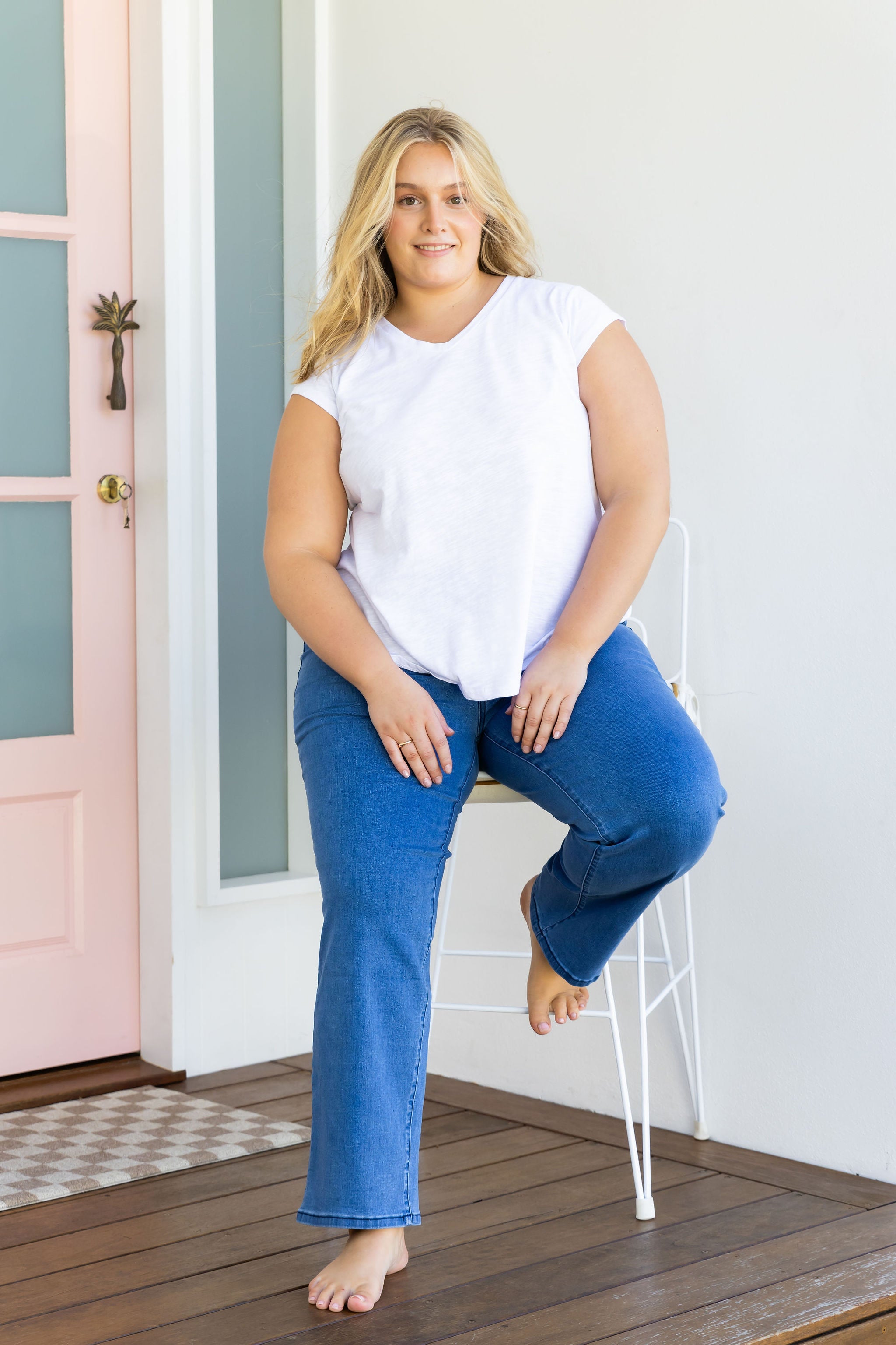 Lara Pull-On Jeans for Women - Mid Blue Denim Stretch Pants - Comfortable & Stylish for Casual Wear, Office, and Travel
