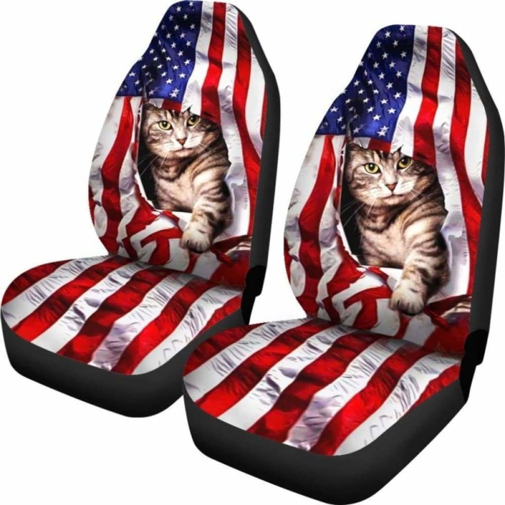 American Flag & Cat Print Car Seat Covers - Durable Universal Fit for Cars, Trucks & SUVs - Perfect for Patriotic Pet Lovers & Road Trips