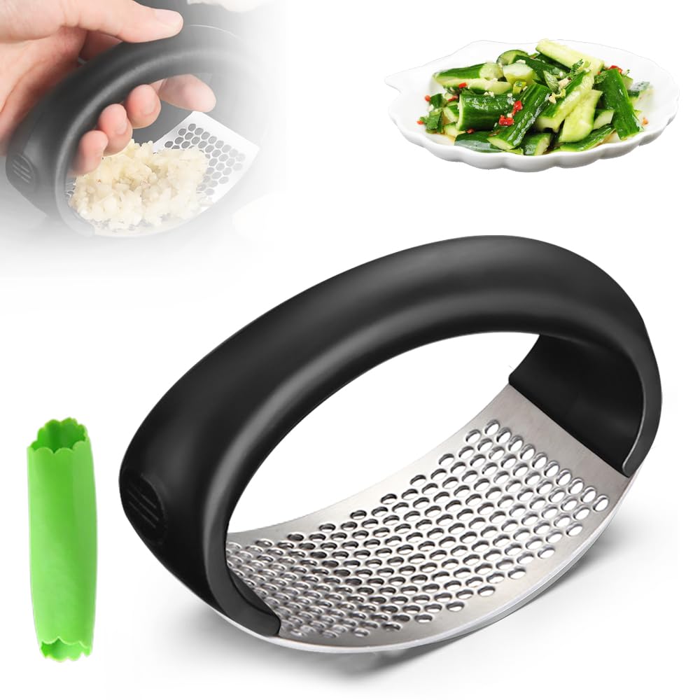 Premium Stainless Steel Garlic Press & Rocker - 2024 New Garlic Crusher with Peeler - Wide Handle Garlic Chopper, Mincer, Grinder & Masher (1pc Black) - Perfect for Cooking, Meal Prep & Professional Kitchens