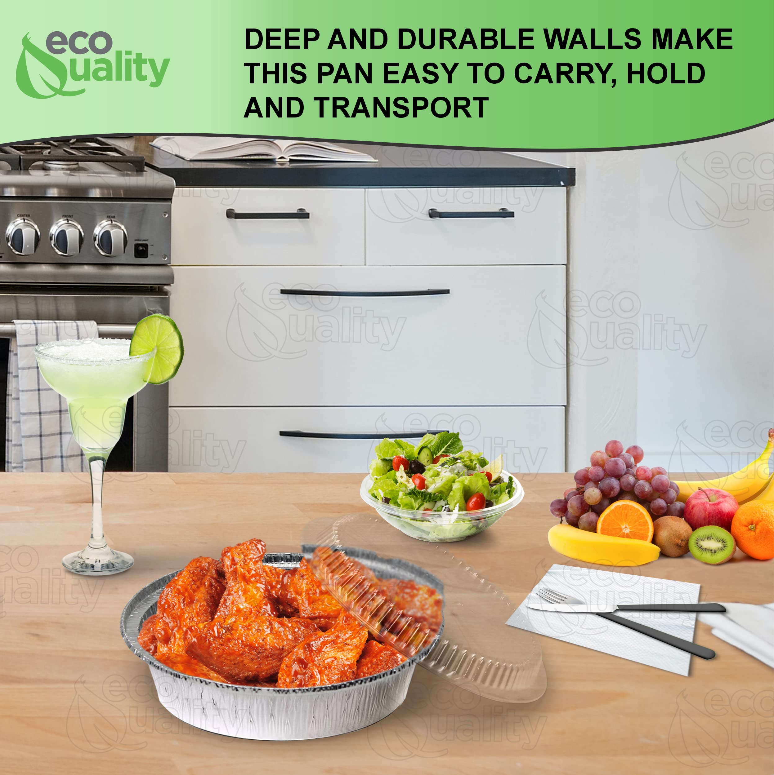 EcoQuality 8-Inch Disposable Aluminum Foil Pans with Plastic Lids - 400 Pack for Baking, Cooking, Catering, Restaurants & Parties | Perfect for Meal Prep, Leftovers, Takeout & Food Storage
