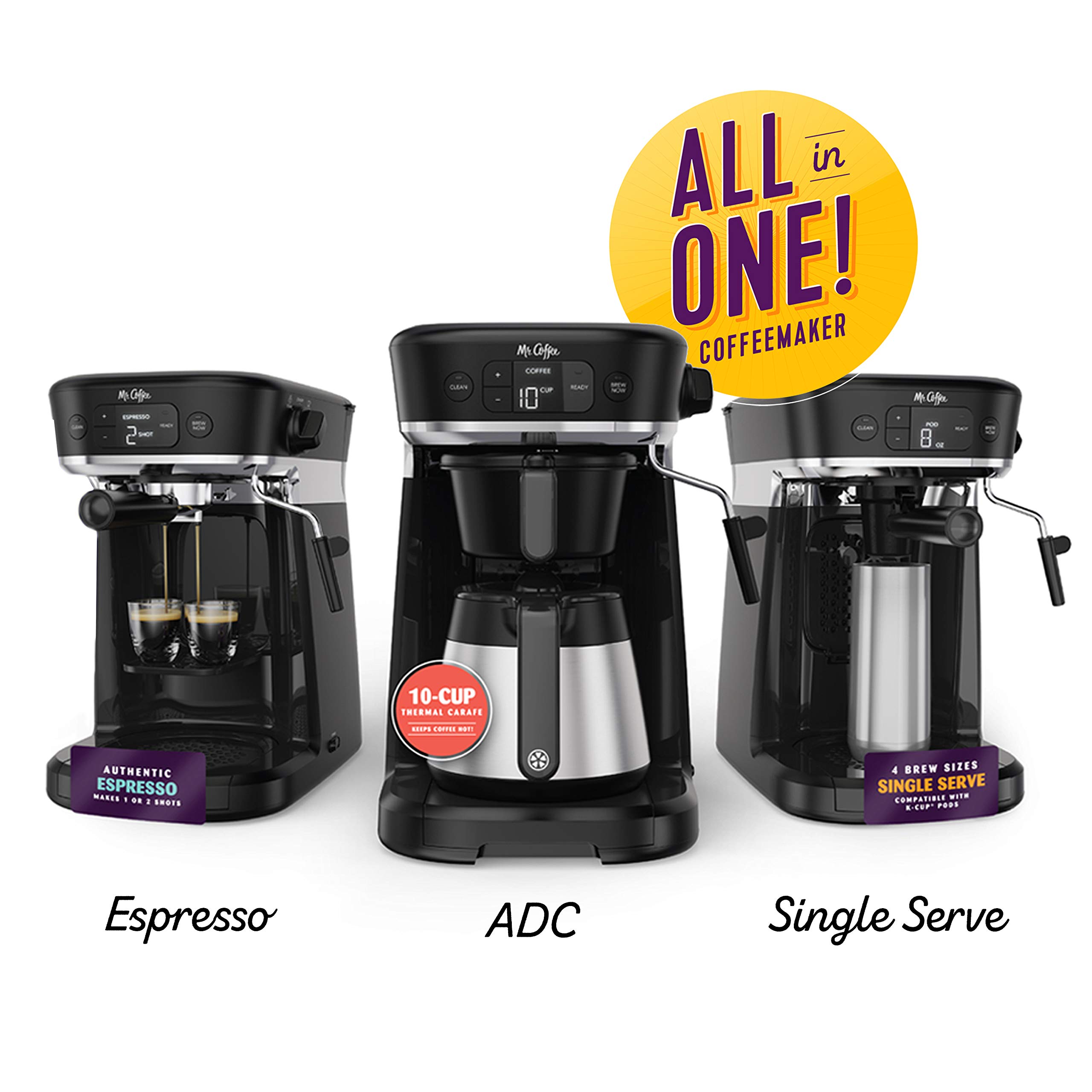 Mr. Coffee All-in-One Coffee Maker with 10-Cup Thermal Carafe, Espresso & Milk Frother, Includes Storage Tray - Perfect for Home, Office & Entertaining (Black)
