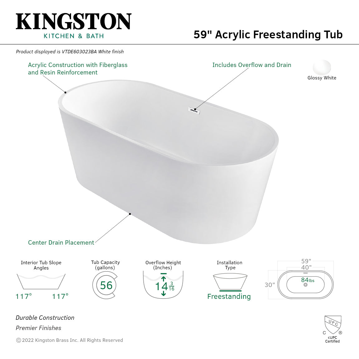 Aqua Eden 59-Inch Freestanding Acrylic Oval Bathtub - Double Ended Soaking Tub with Drain, Glossy White Finish | Perfect for Master Bathroom, Spa Retreat & Luxury Home Renovation