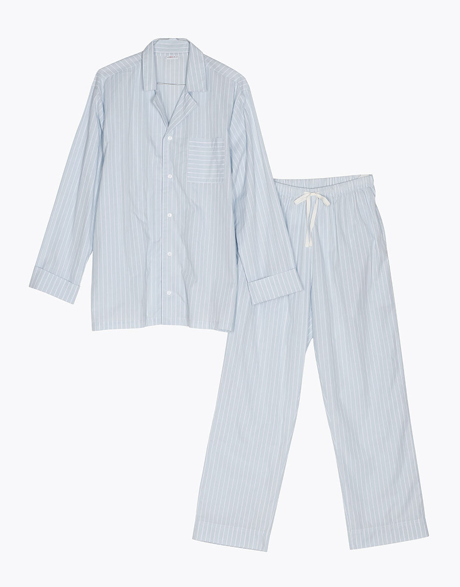 Unisex Blue Striped Cotton Long Open Front Pajamas - Comfortable Sleepwear for Relaxing at Home or Lounging