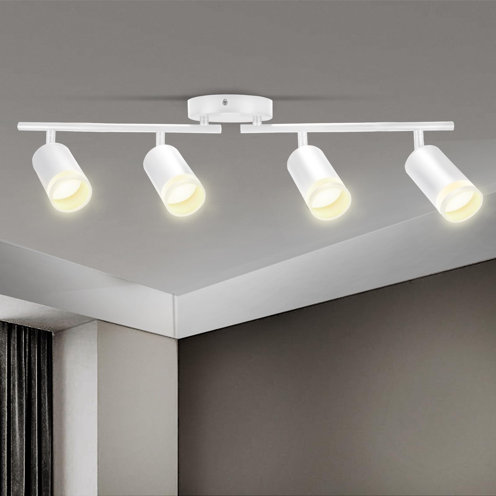 4-Light LED Track Lighting Kit - Flexible Rotatable GU10 Fixtures for Ceiling, Matte White (Bulbs Not Included) - Perfect for Kitchen, Home Office, Laundry Room & Modern Interior Lighting