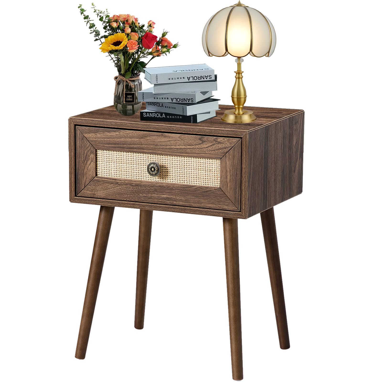 Mid Century Modern Nightstand with Drawer & Solid Wood Legs - Rattan Woven Pattern End Table for Bedroom, Living Room & Office - Rustic Walnut Nightstand for Home Decor & Storage Solutions