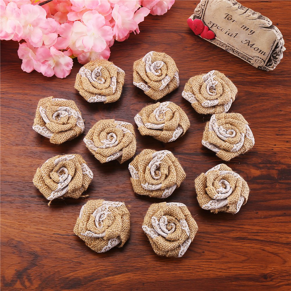 12-Piece Burlap Rose Flowers Set - Rustic Wedding Decor, DIY Craft Supplies for Bouquets, Centerpieces, and Home Decorations