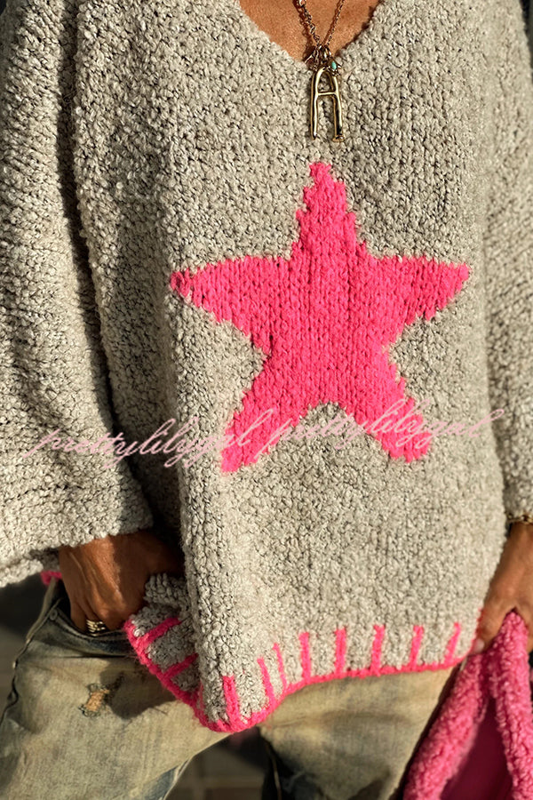 Cozy Winter Knit Sweater with Star Pattern & Contrast Colors - Loose Fit for Casual Outings, Holiday Gatherings & Cold Weather Fashion