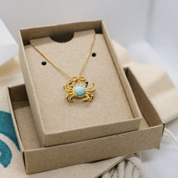 Golden Crab Pendant Necklace with Genuine Larimar Stone - Perfect for Beach Vacations & Summer Jewelry Gifts
