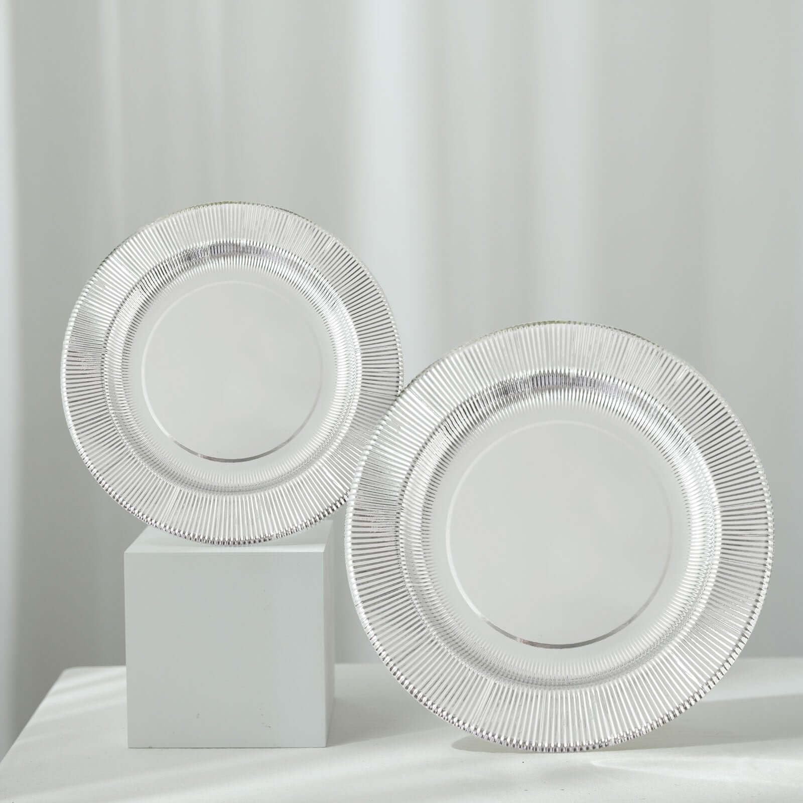 Efavormart 25 Pack Metallic Silver Sunray 10 Inch Disposable Dinner Plates - 350 GSM Heavy Duty Paper Plates for Parties, Weddings & Special Events
