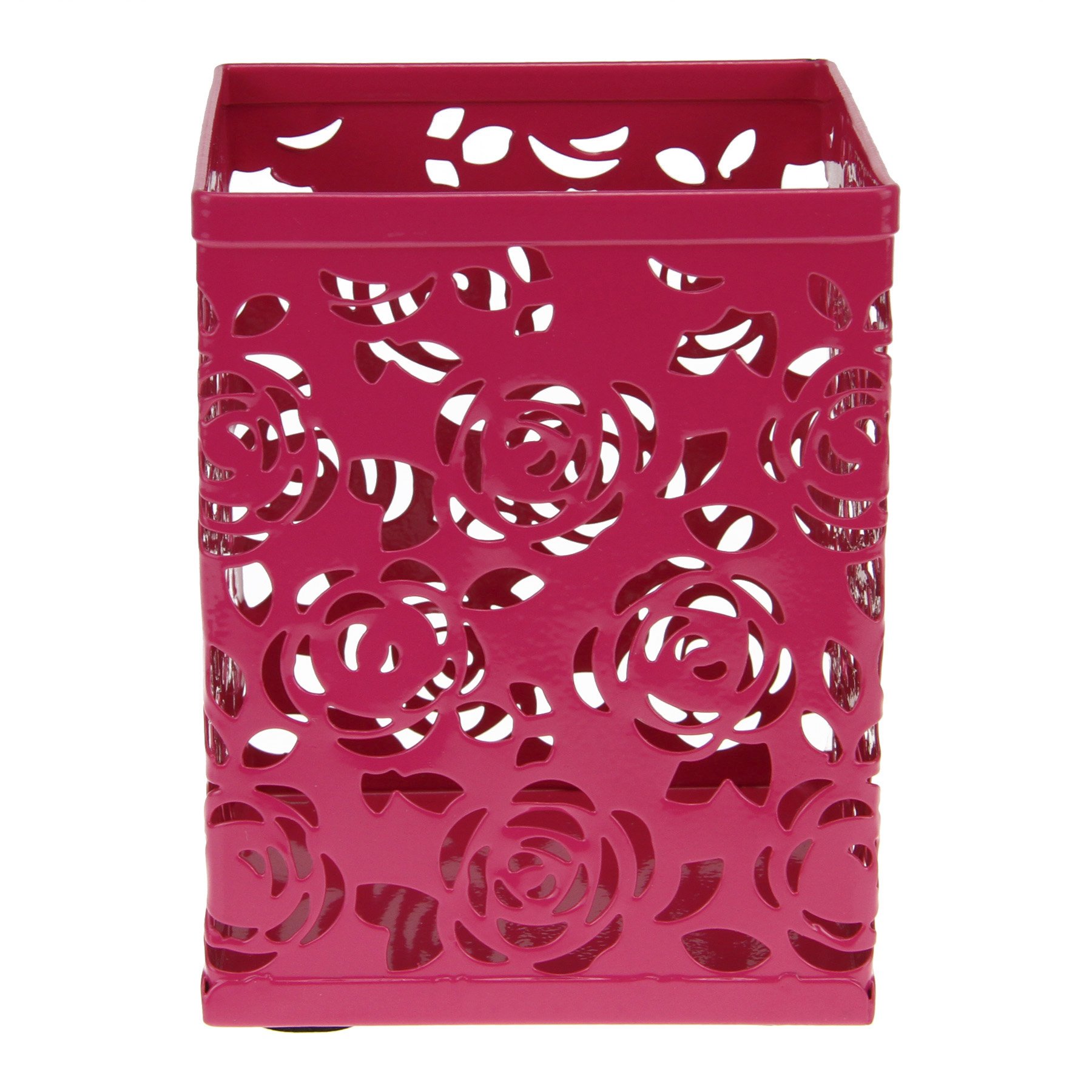 Clobeau Metal Rose Design Square Pen Holder - Stylish Desk Organizer for Office & Home, Pencil Cup Case with Flower Pattern (Rose Red) - Perfect for Workspace, Study & Gift Giving