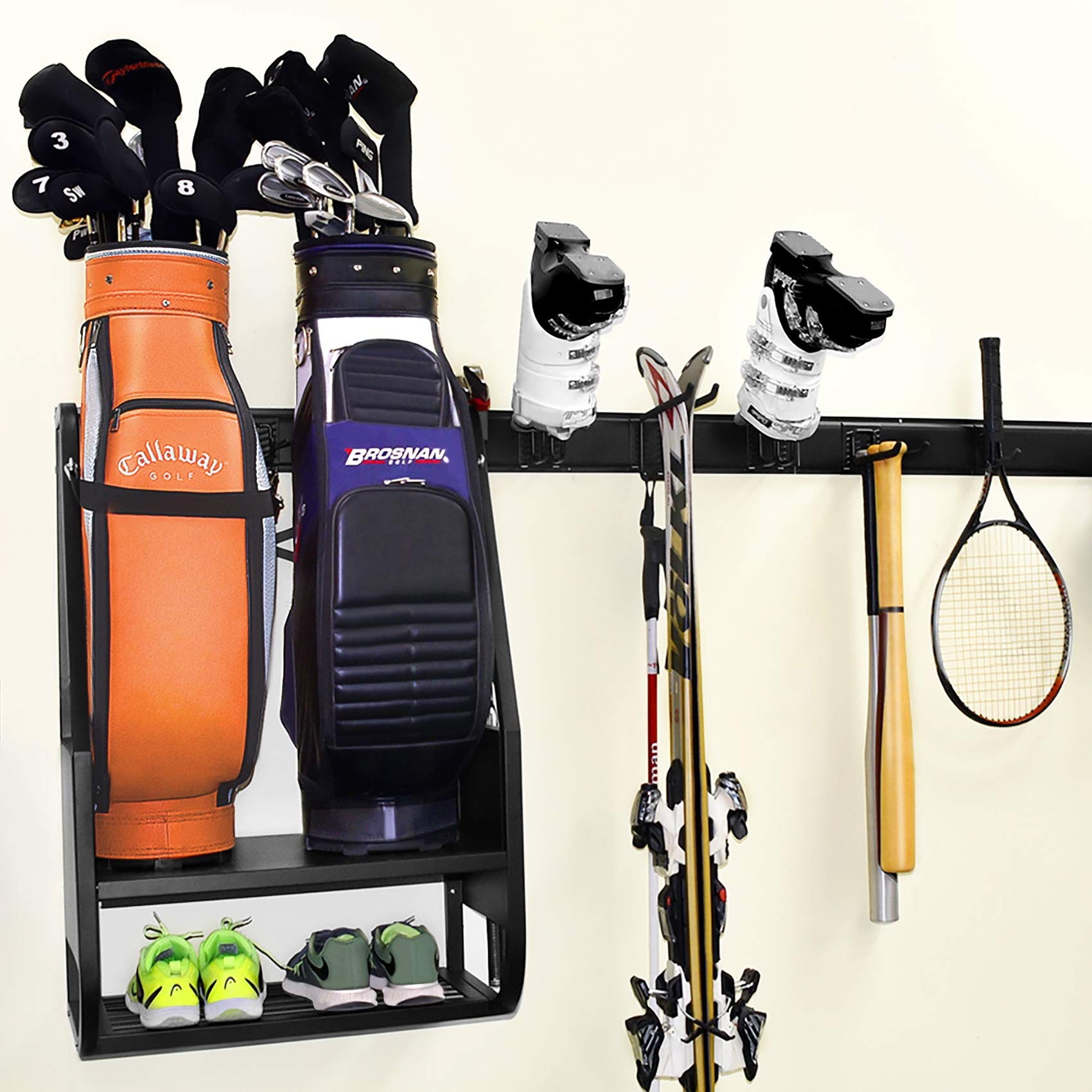 Extra Large Wall Mount Golf Bag Organizer - Holds 2 Golf Bags, Stands & Accessories - Heavy Duty Golf Equipment Storage Rack for Garage, Shed, Basement or Man Cave - Perfect for Golf Enthusiasts & Home Organization