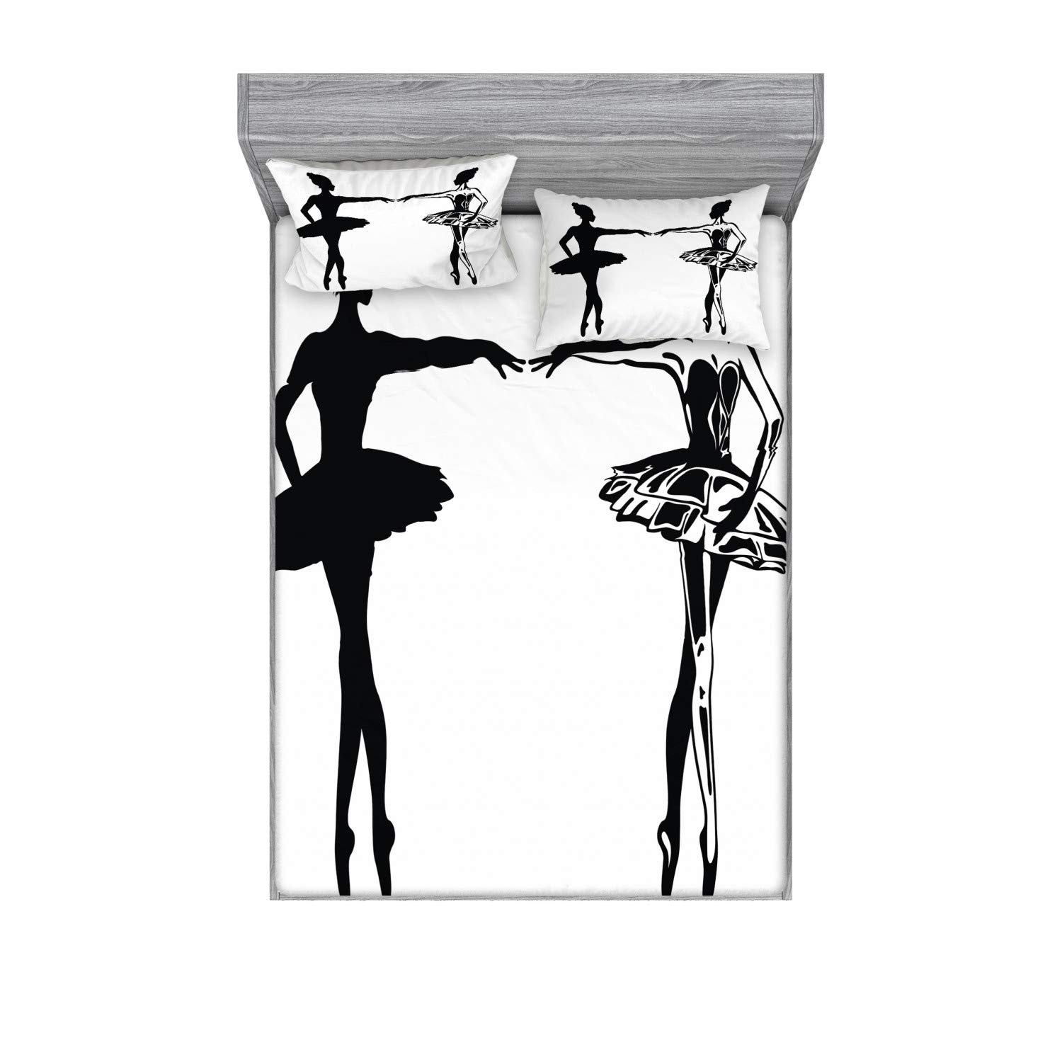 Ambesonne Ballet 3-Piece Bedding Set - Queen Size Fitted Sheet & Pillow Shams with Elegant Ballerina Silhouette Print in Black & White | Perfect for Dance Enthusiasts, Themed Bedrooms & Performance Art Decor