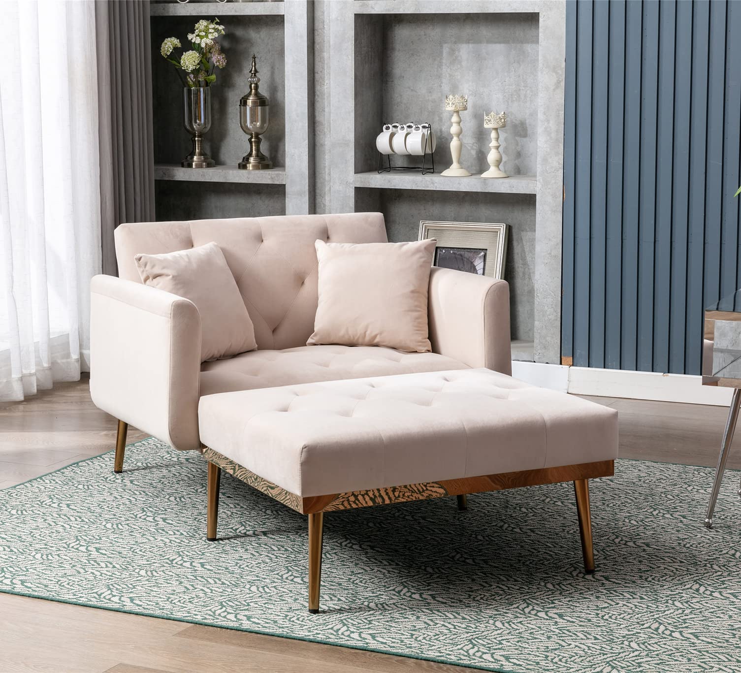 Velvet Chaise Lounge Sofa - 3-Position Recliner with Solid Metal Legs, Modern Convertible Sleeper Chair for Living Room & Bedroom, Beige - Perfect for Small Spaces, Home Theater & Nap Time