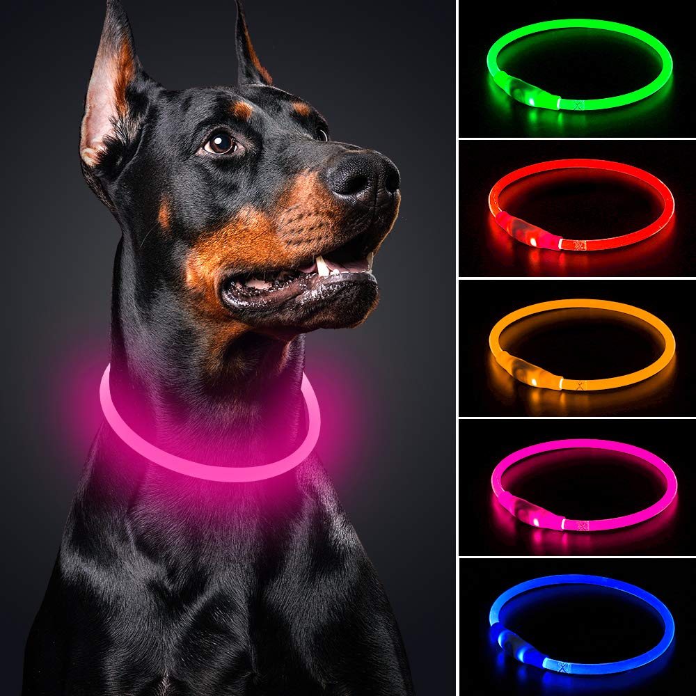 BSEEN LED Dog Collar - USB Rechargeable Waterproof Glowing Pet Collar with Adjustable Length for Small Medium Large Dogs (Candy Pink) - Perfect for Night Walks, Jogging and Outdoor Adventures