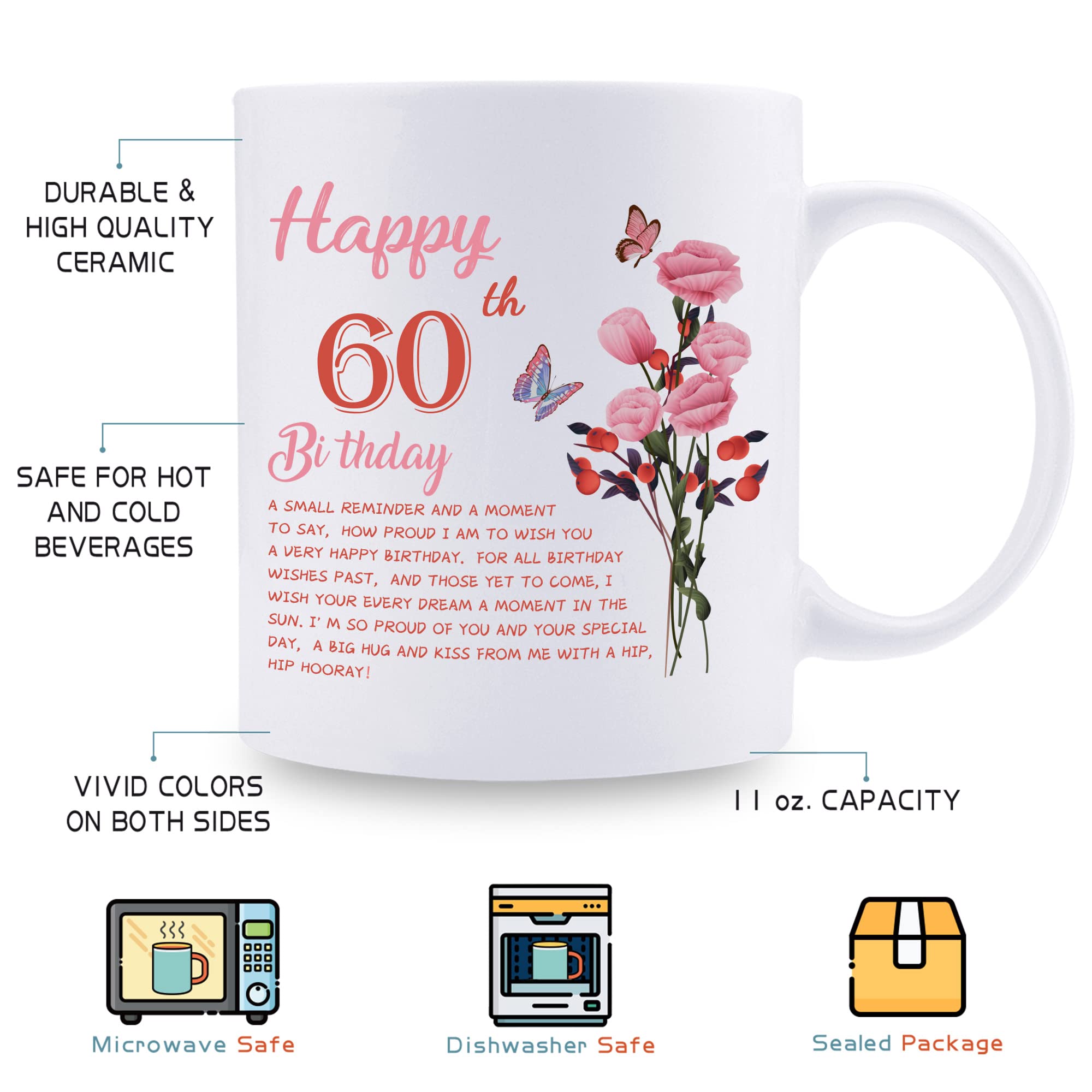 60th Birthday Gifts for Women - Happy 60th Birthday Coffee Mug for Grandma, Mom, Friend, Sister, Aunt & Coworker - 11oz Ceramic Tea Cup - Perfect for Birthday Celebrations, Retirement Parties & Thoughtful Surprises