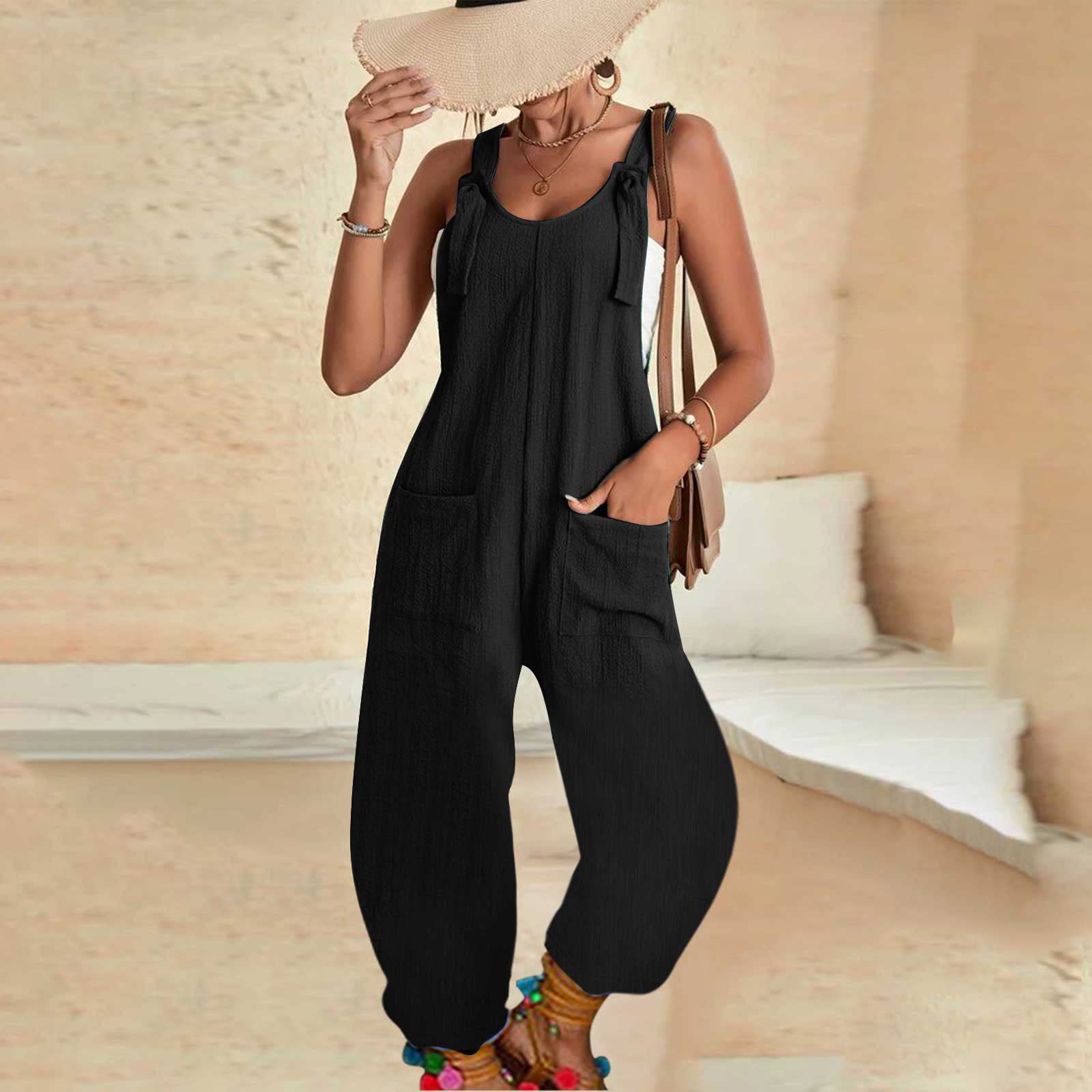 Women's Casual Loose Overalls Jumpsuit - Sleeveless Adjustable Strap Romper with Pockets | Long Pants One Piece Outfit for Summer, Travel & Outdoor Activities