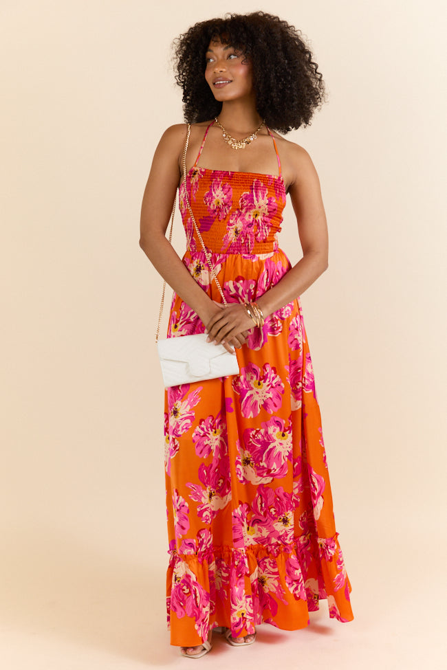 Stylish Orange Printed Smocked Halter Maxi Dress - Perfect for Summer Beach Vacations & Outdoor Parties