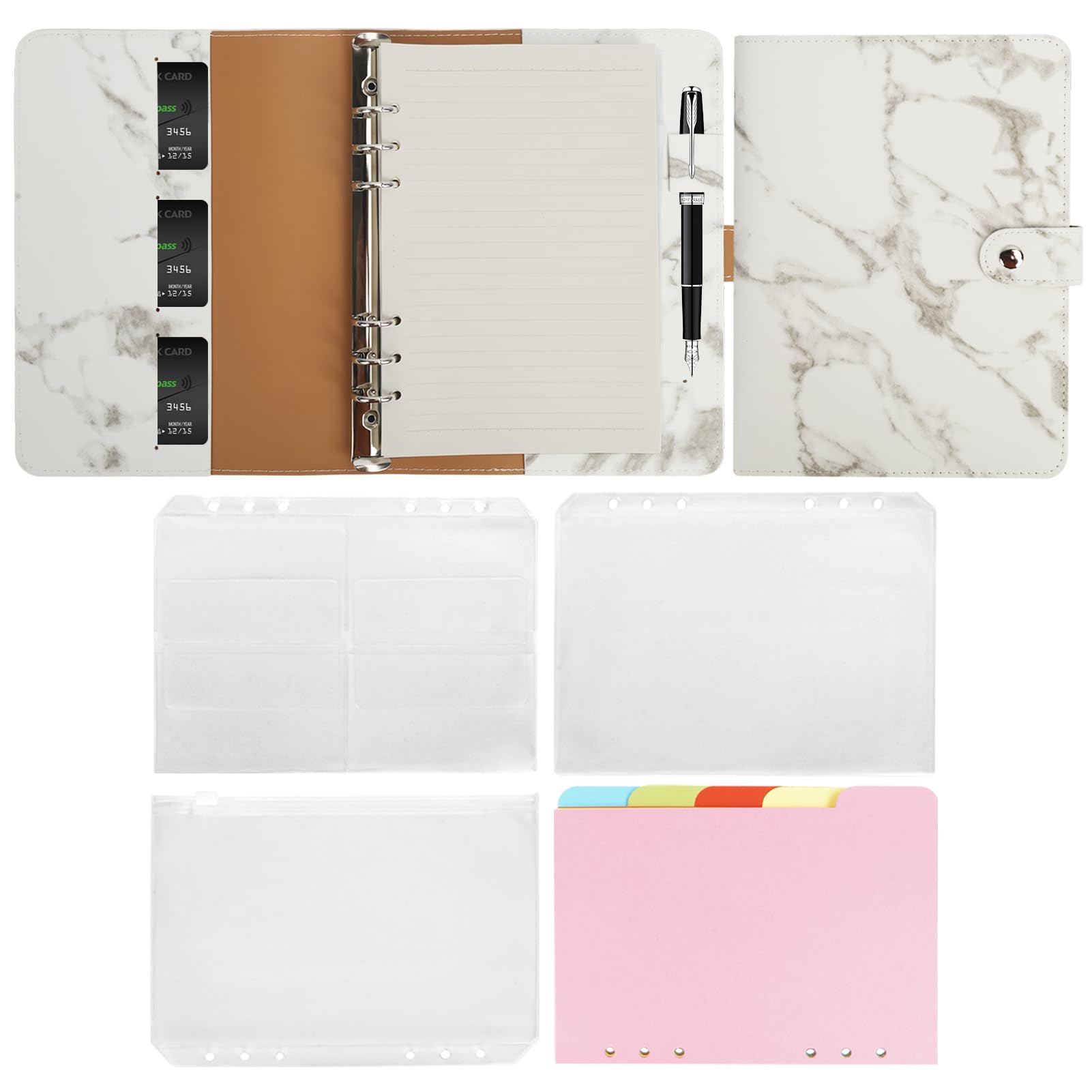 Colorlife A5 PU Leather 6-Ring Binder Notebook with Refillable Paper & Magnetic Closure - Marble White | Perfect for Office, School, Planner & Journal Organizing