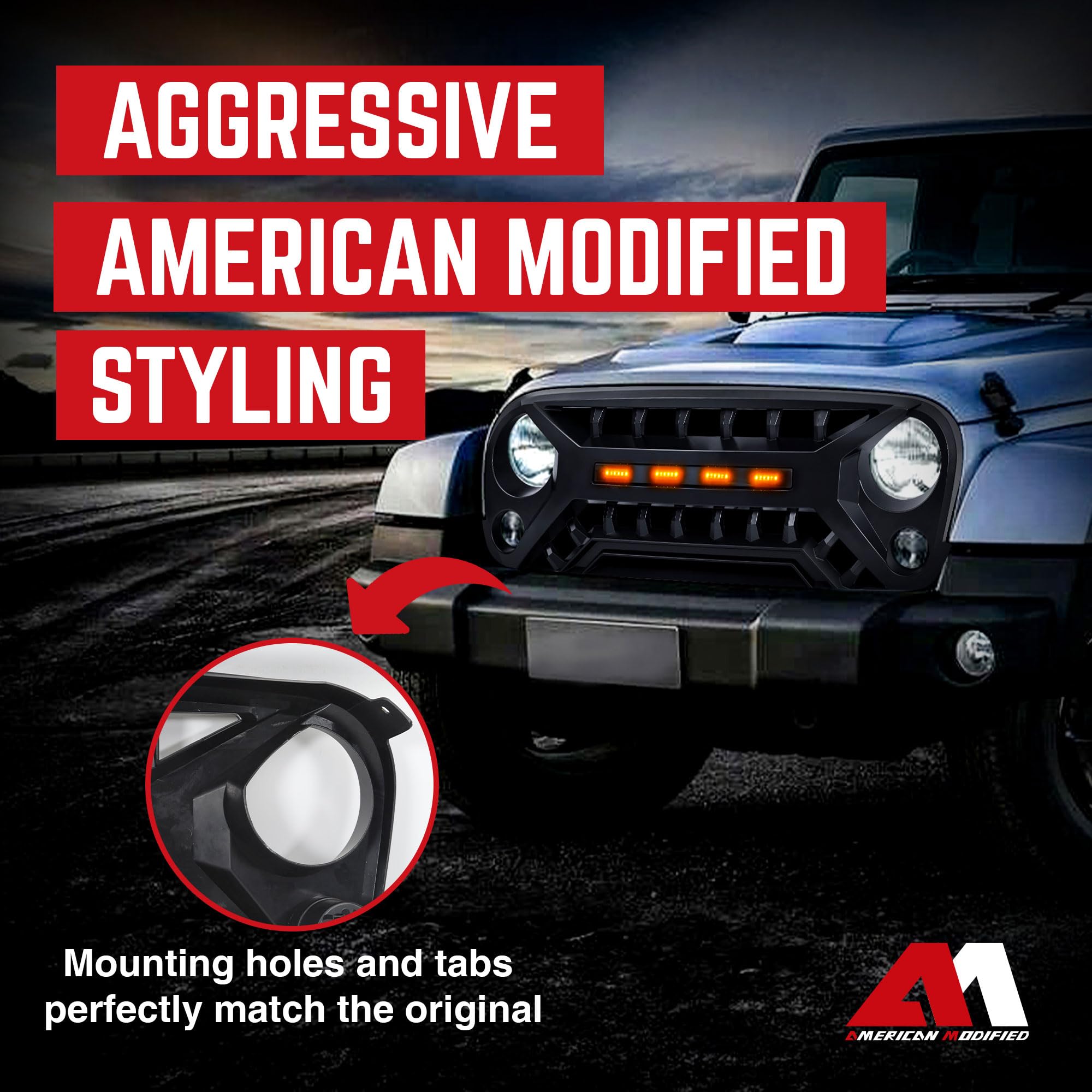 07-08 Jeep Wrangler JK Black AMERICAN MODIFIED Armor Grille with Amber Lights - Heavy Duty Off-Road Protection for Adventure & Trail Riding