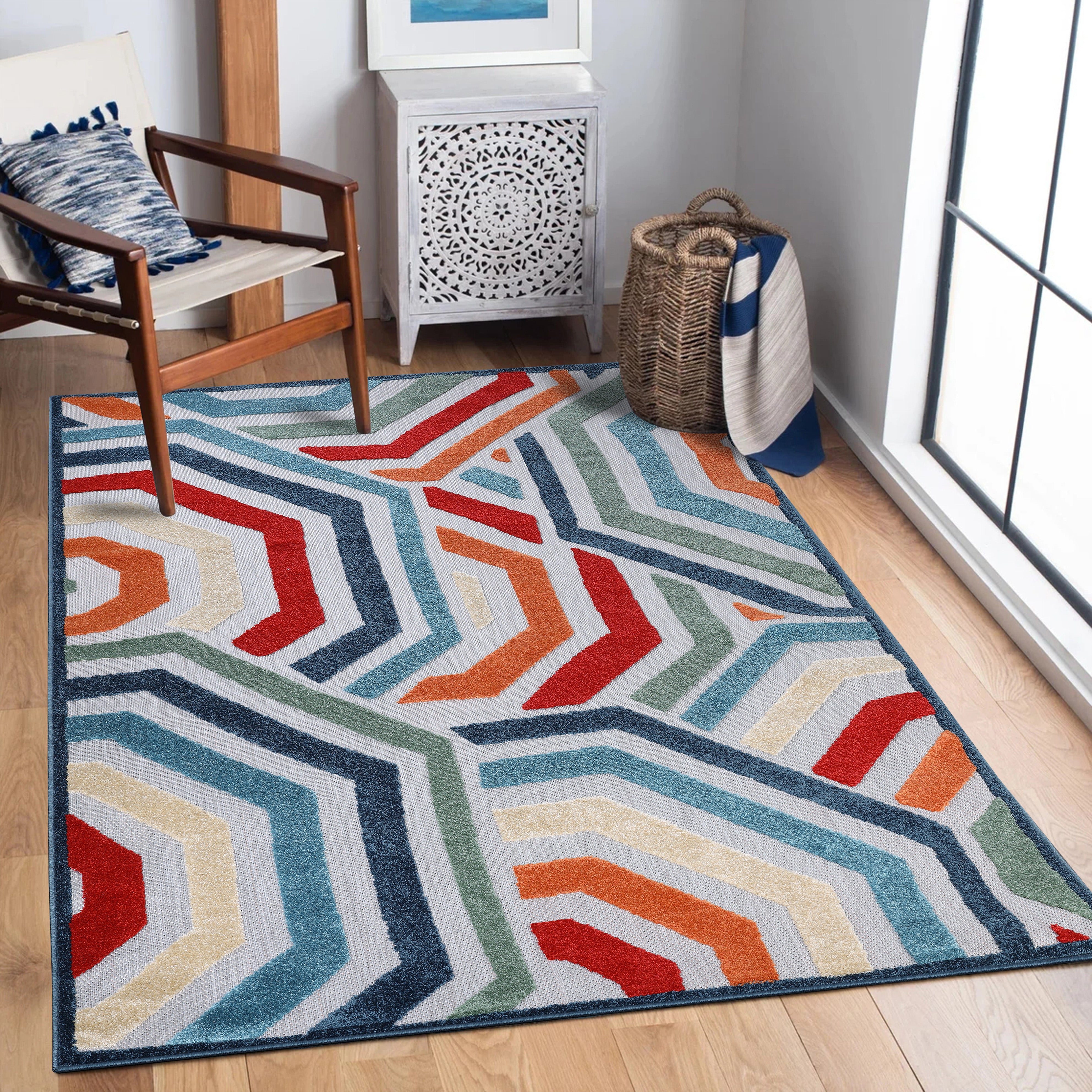 Waimea Modern Geometric Coastal Indoor Outdoor Area Rug - Stylish & Durable for Living Room, Bedroom, Patio, or Deck