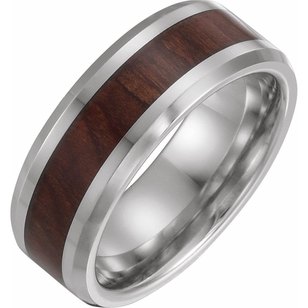 Cobalt Blue Polished Beveled Edge Comfort Fit Wedding Band with Wood Inlay - Size 5-13 for Women & Men - Perfect Anniversary, Engagement & Promise Ring Gift for Couples