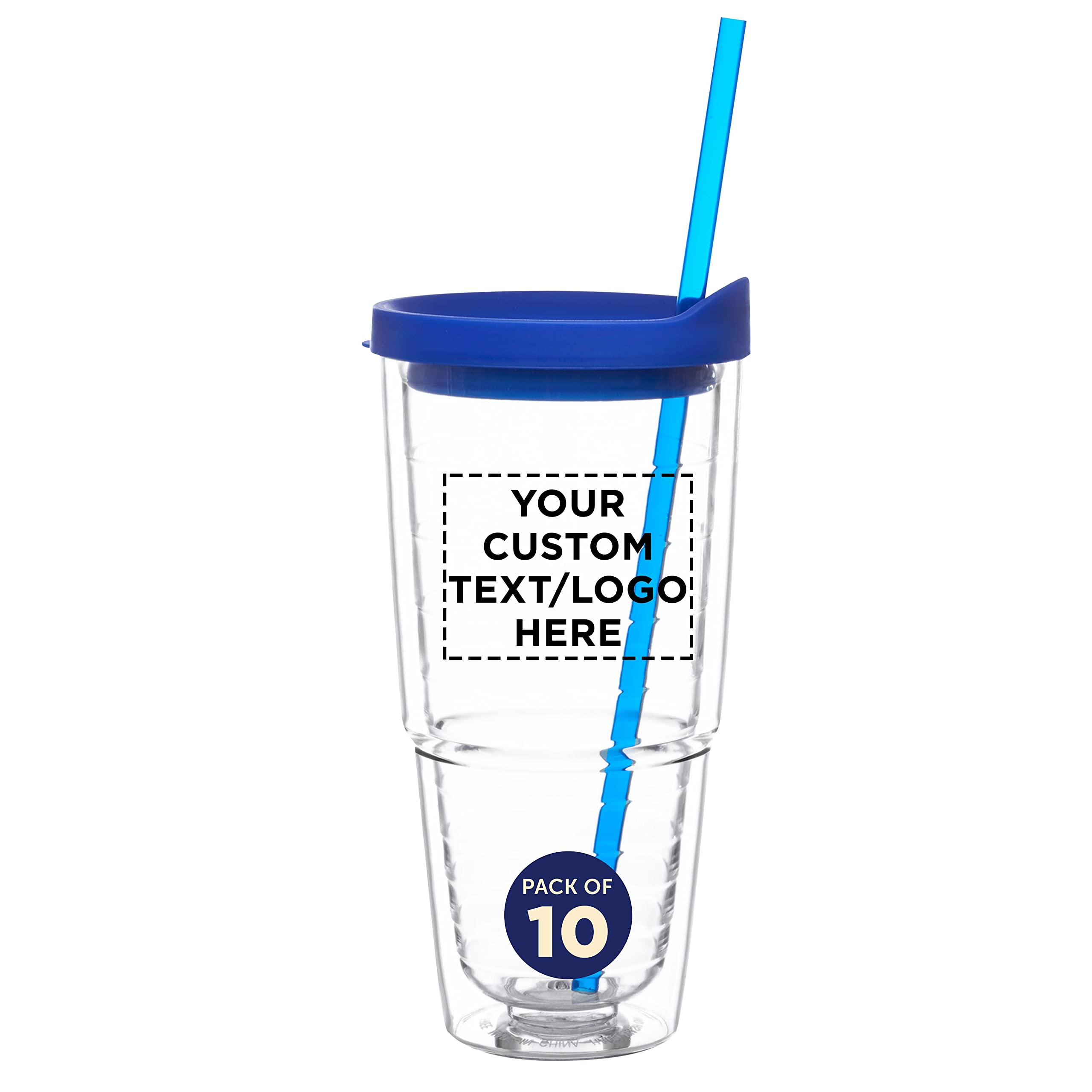 Custom 24oz Double Wall Acrylic Tumblers with Straws - Set of 10 Bulk Pack - Personalized Hot & Cold Drinkware for Coffee, Smoothies & Iced Beverages - Promotional Gift & Party Supplies - Blue