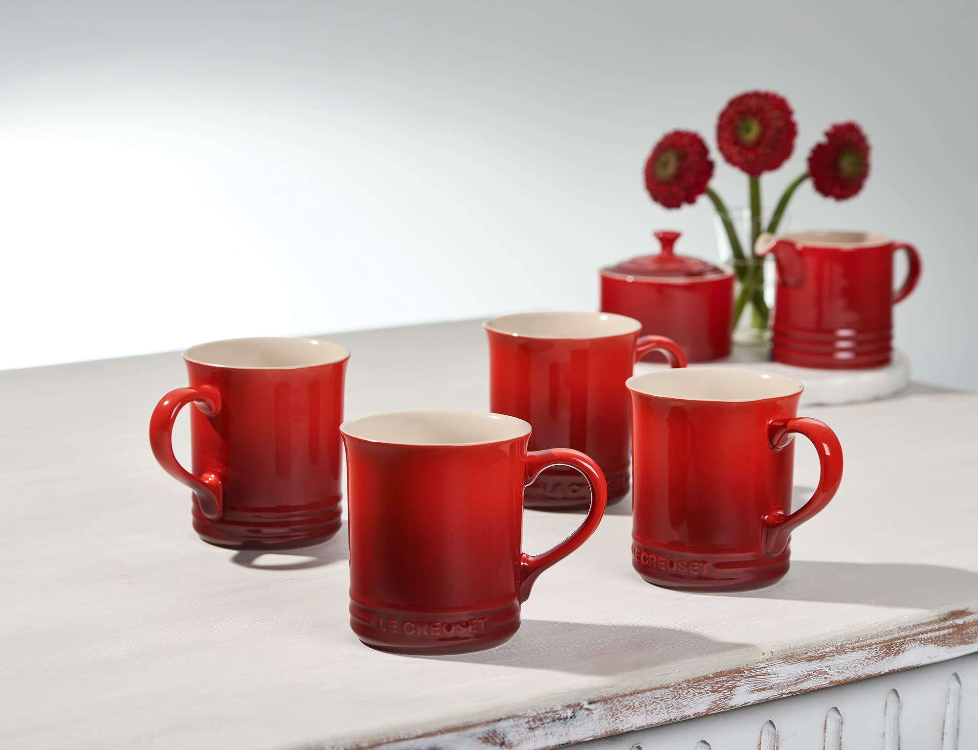 Le Creuset 14 oz Stoneware Mugs Set of 4 - Cerise Red - Durable Ceramic Coffee Cups for Home, Office & Gifts - Perfect for Hot Beverages, Tea & Cocoa