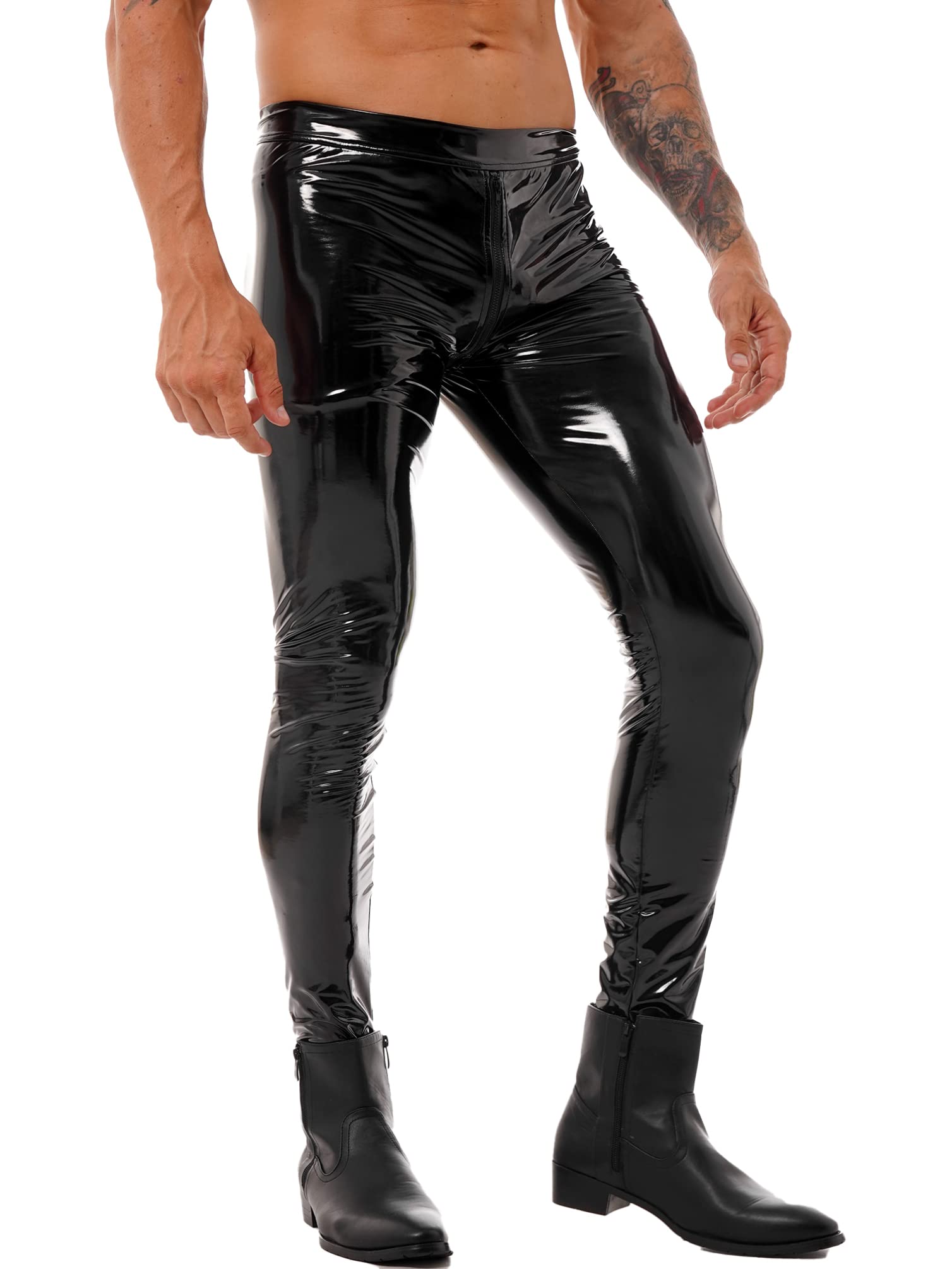 Men's Faux Leather Pants - Punk Rock 80s Style Tight Leggings, Gothic Motorcycle Biker Trousers for Concerts & Night Out | High Waisted Stretch Vegan Leather Pants for Men