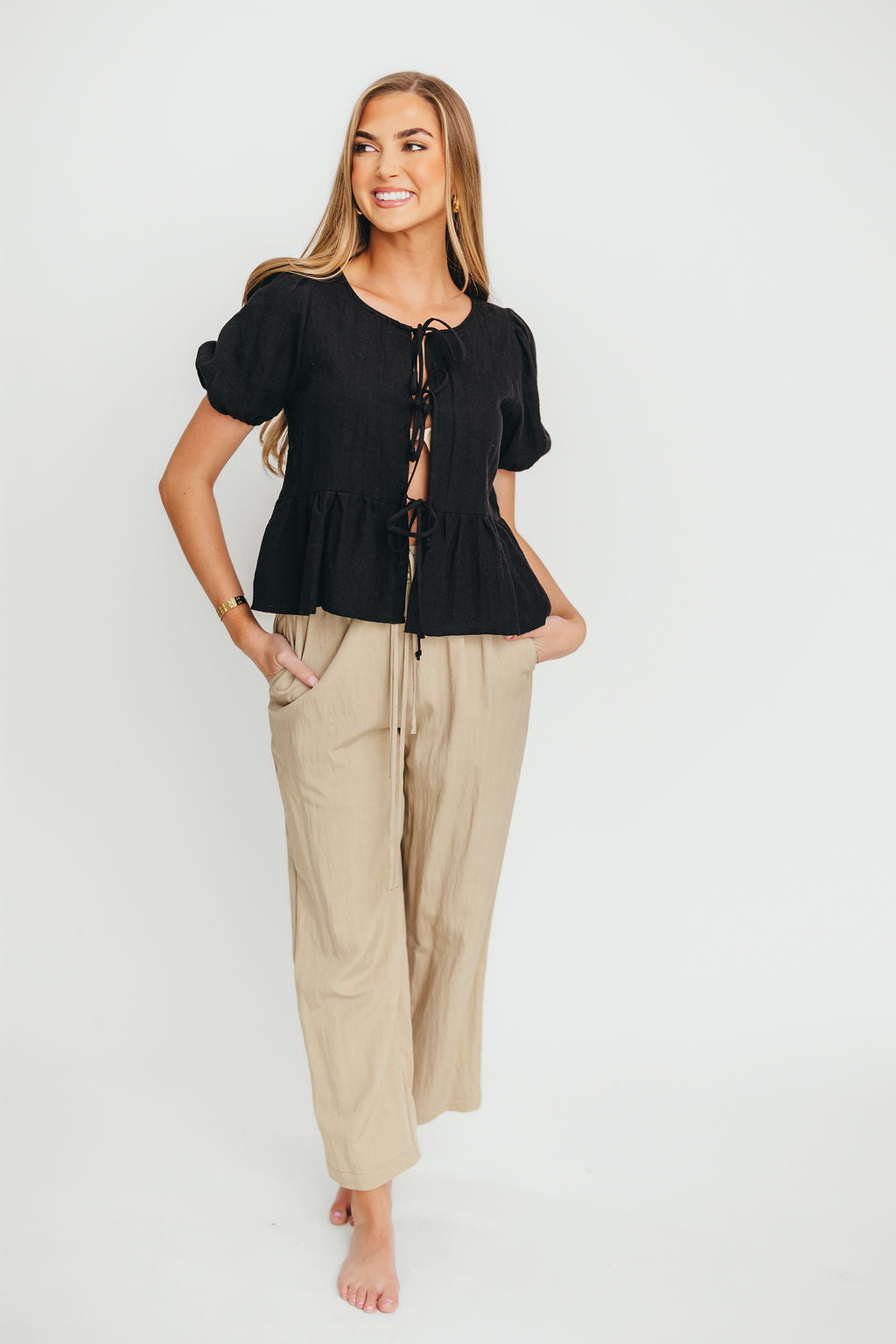 Mylie Tie Top Woven in Black | Women's Fashion Blouse | Perfect for Office Wear, Date Night & Casual Outfits