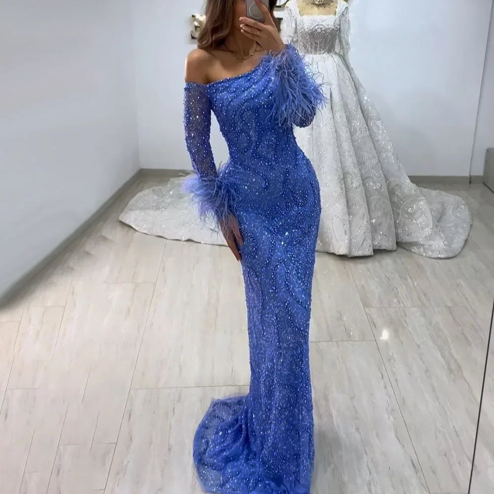 Elegant Blue Mermaid One-Shoulder Beaded Feather Evening Gown for Women | Luxury Wedding Party Dress 2025 | Perfect for Formal Events, Prom, Red Carpet & Special Occasions