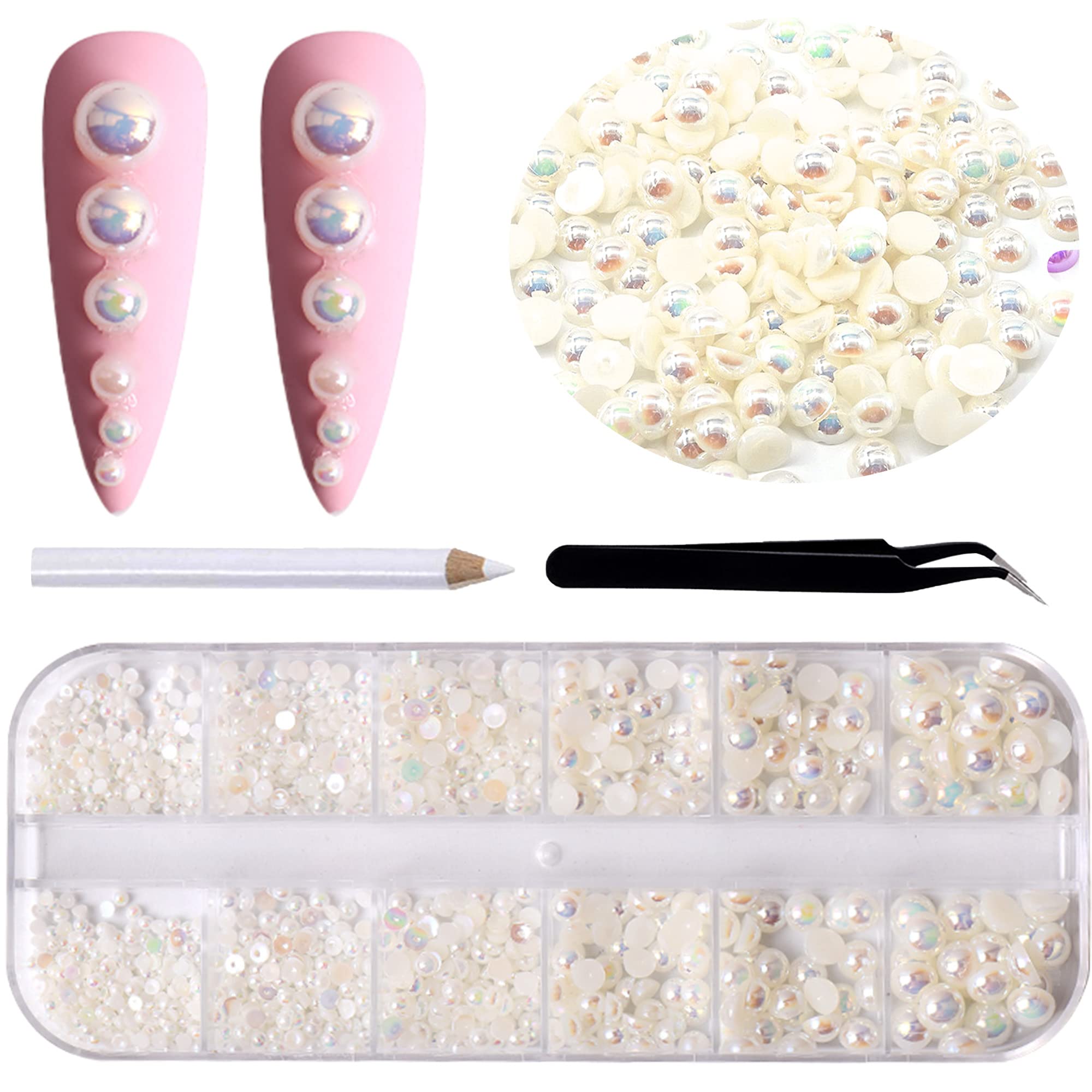 2000Pcs AB Beige Half Pearls Flatback Beads for Nail Art, DIY Jewelry & Craft Decorations - 6 Sizes Half Round Pearl Rhinestones for Clothing, Shoes, Home Decor & Gift Making