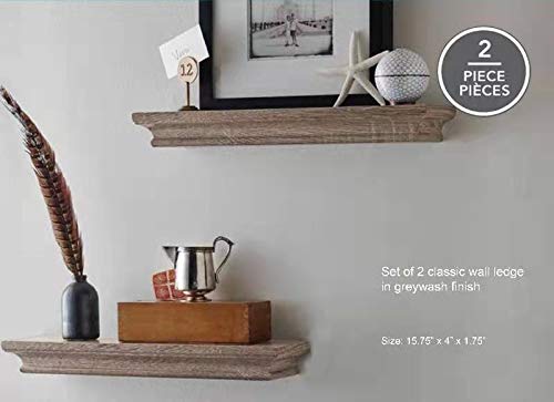 2 Pack Traditional Floating Wall Shelves Set - Grey Finish, 16 Inch, Rustic Wooden Shelves for Living Room, Bedroom, Bathroom & Office Decor